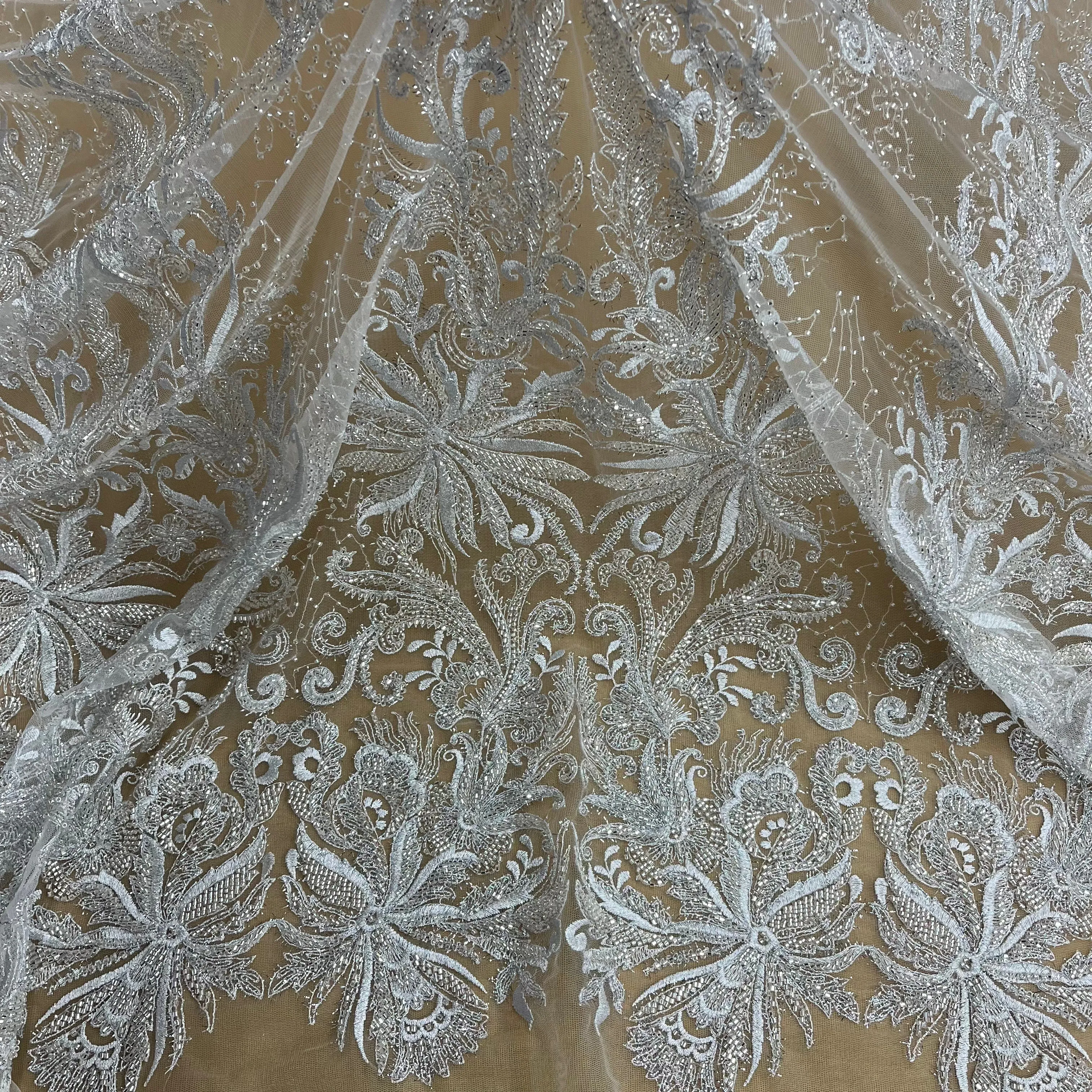 Beaded Lace Fabric Embroidered With Fuzzy Thread on 100% Polyester Net Mesh | Lace USA - GD-12264