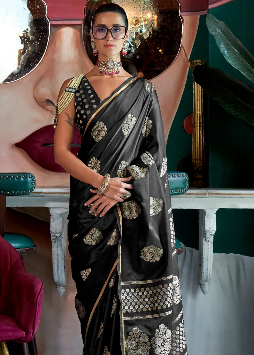 Beautiful Black Woven Banarasi Satin Silk Saree
