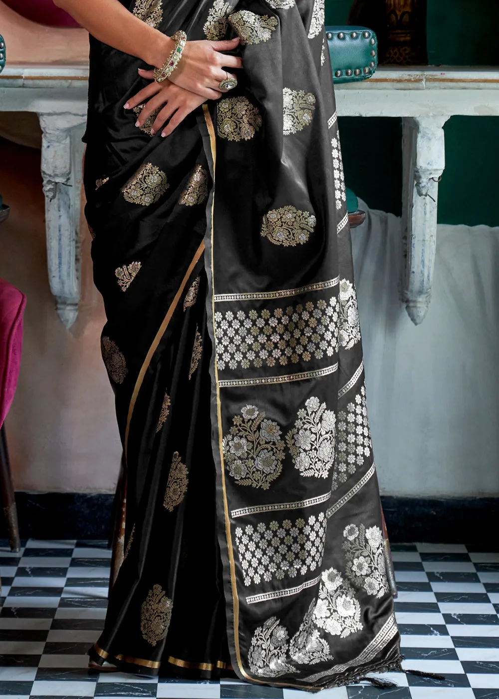 Beautiful Black Woven Banarasi Satin Silk Saree