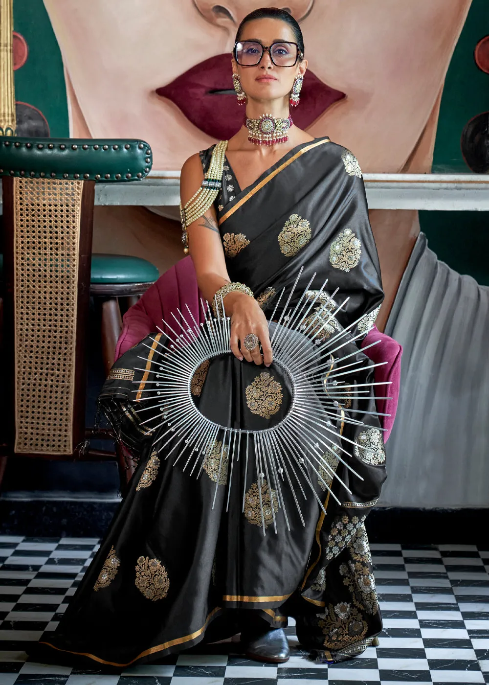 Beautiful Black Woven Banarasi Satin Silk Saree