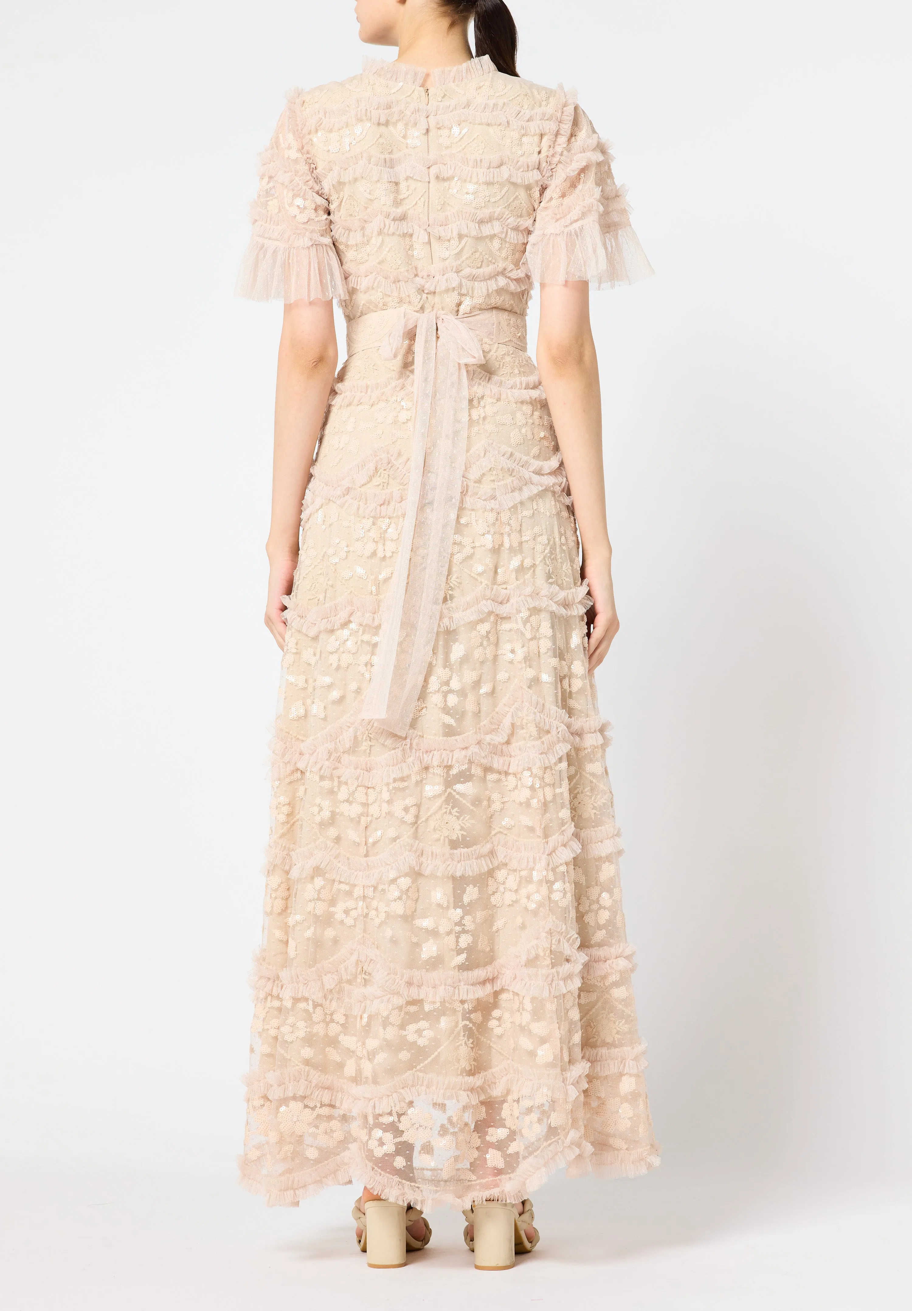 Beautiful Ruffle detailed Tulle Dress with Round Neckline And Short Sleeves