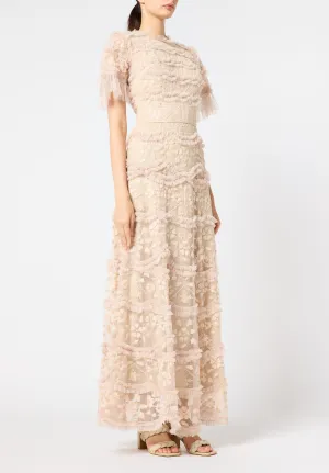 Beautiful Ruffle detailed Tulle Dress with Round Neckline And Short Sleeves