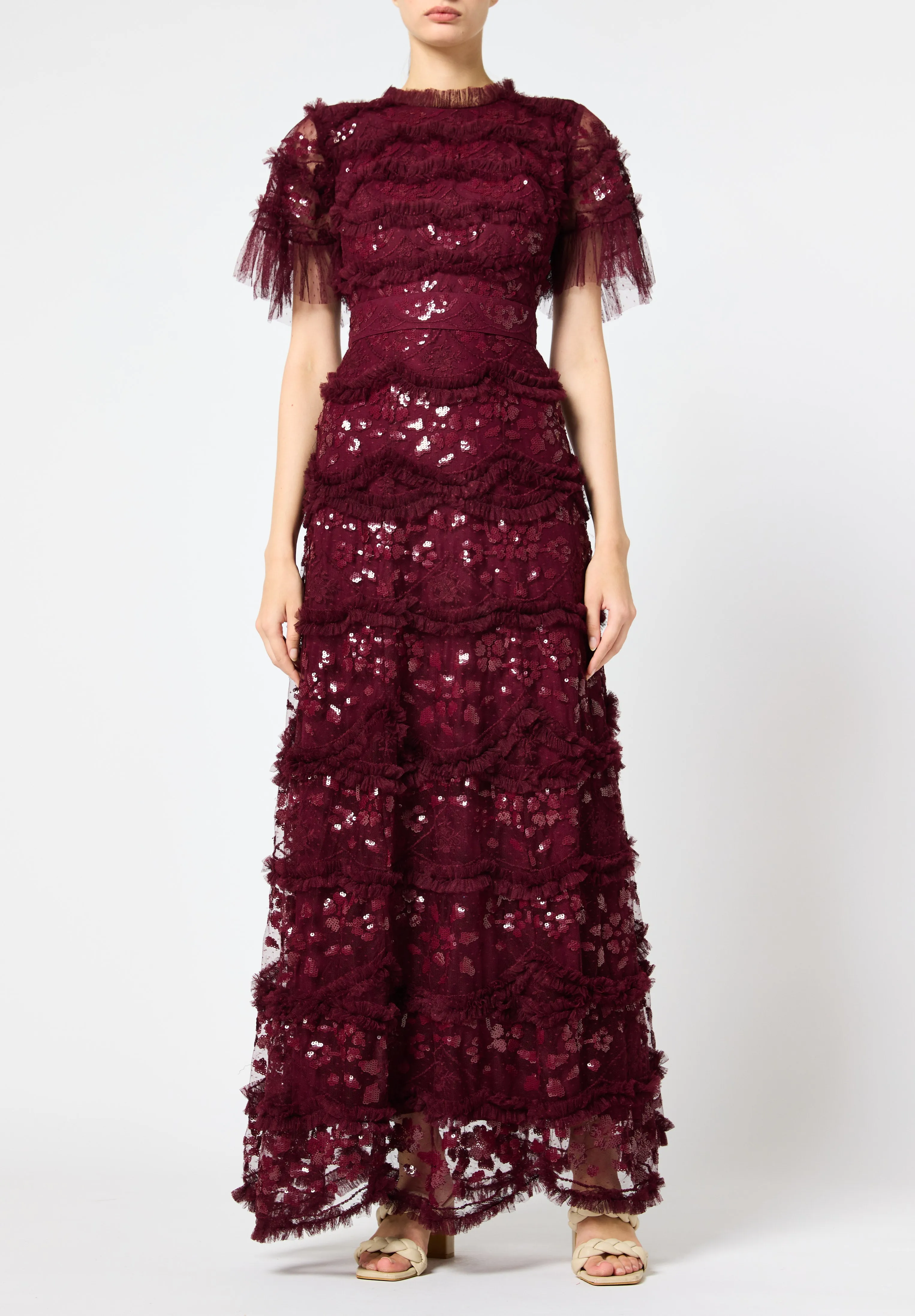 Beautiful Ruffle detailed Tulle Dress with Round Neckline And Short Sleeves