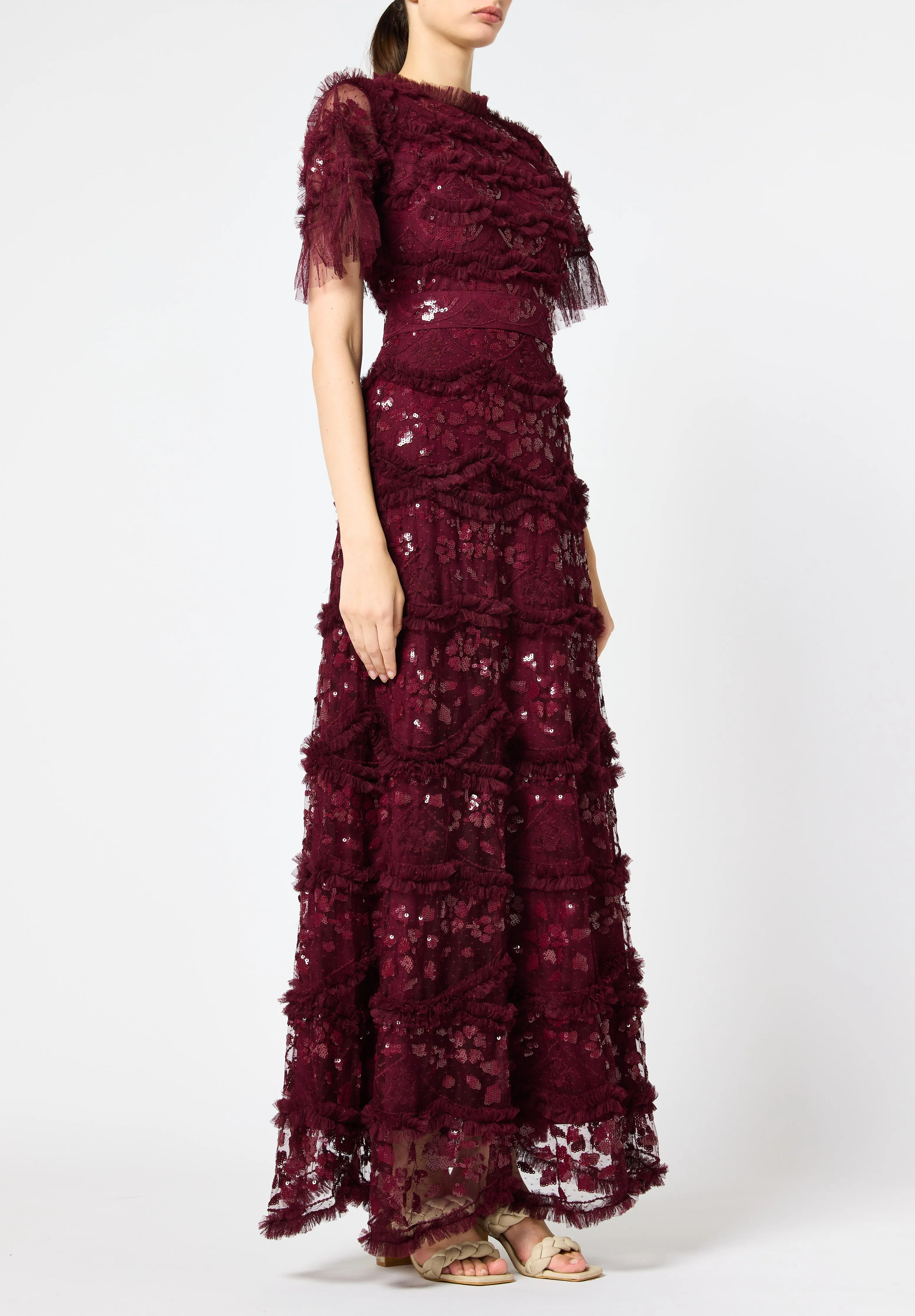 Beautiful Ruffle detailed Tulle Dress with Round Neckline And Short Sleeves