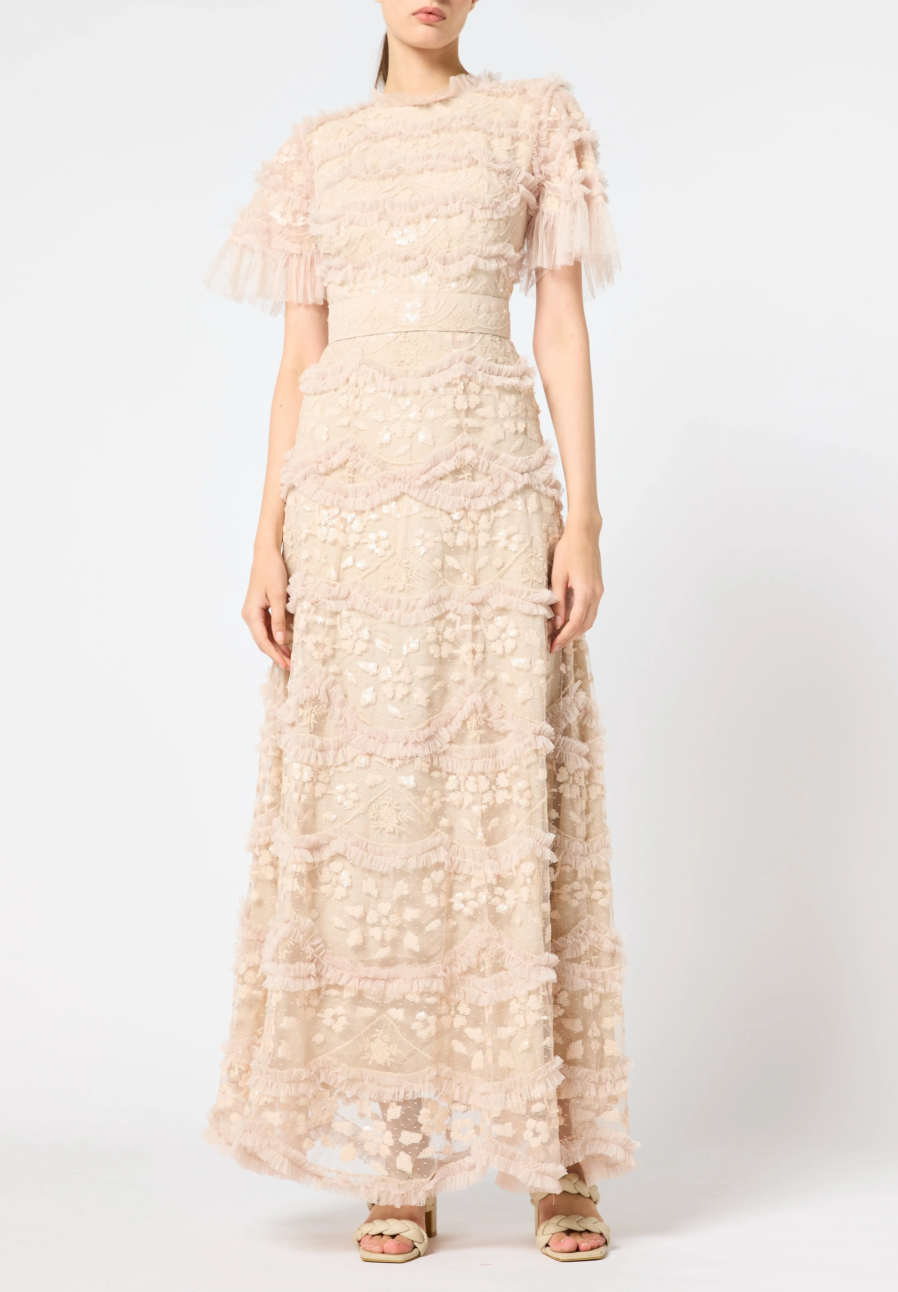 Beautiful Ruffle detailed Tulle Dress with Round Neckline And Short Sleeves