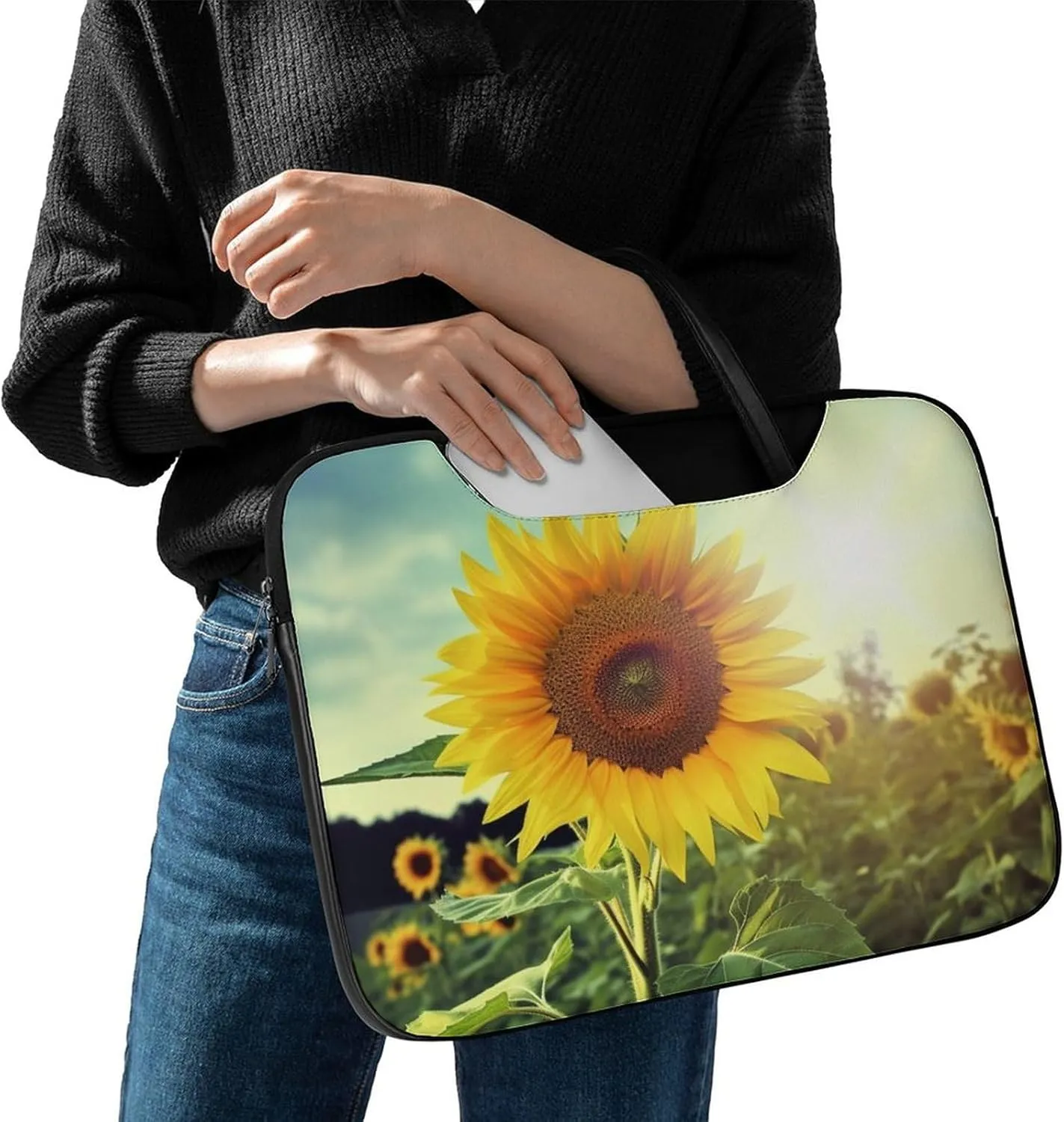 Beautiful Sunflower Laptop Bag for Women Handheld Leather Computer Bag Laptop Messenger Bag Briefcase