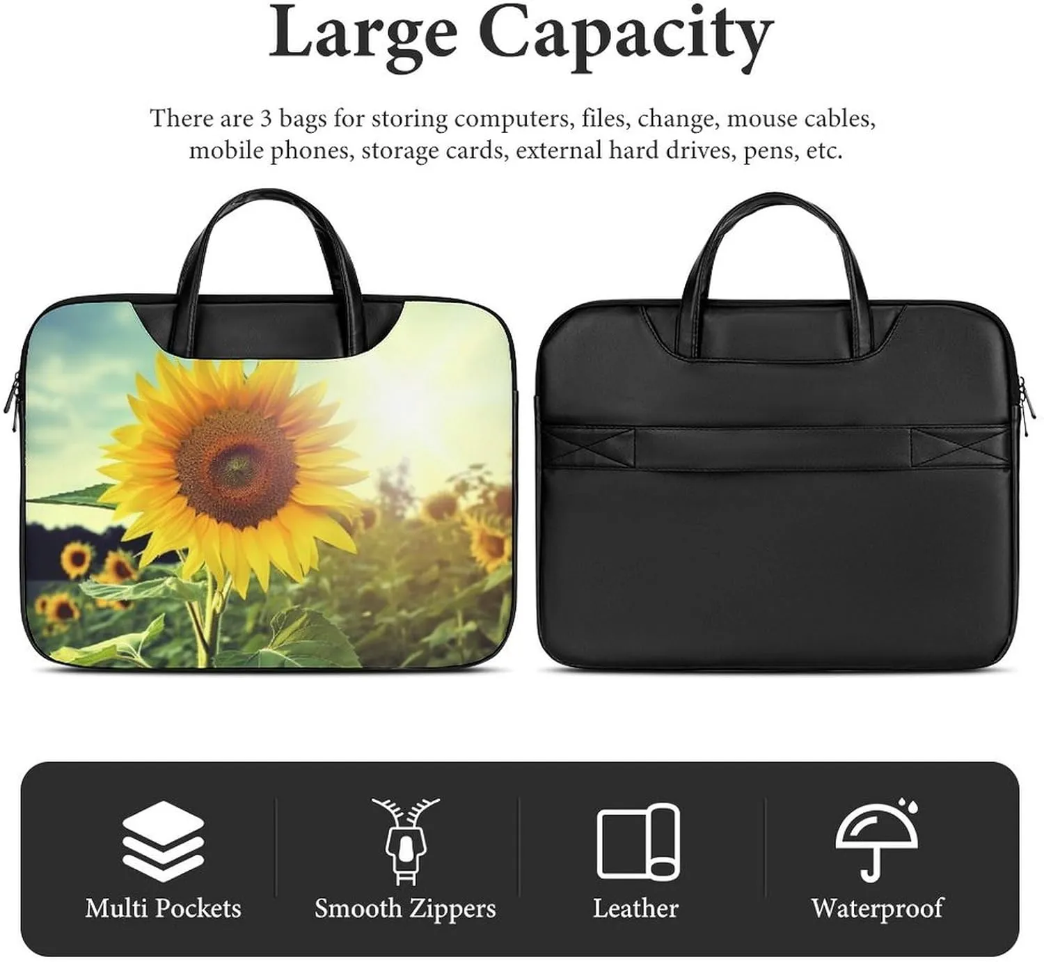 Beautiful Sunflower Laptop Bag for Women Handheld Leather Computer Bag Laptop Messenger Bag Briefcase