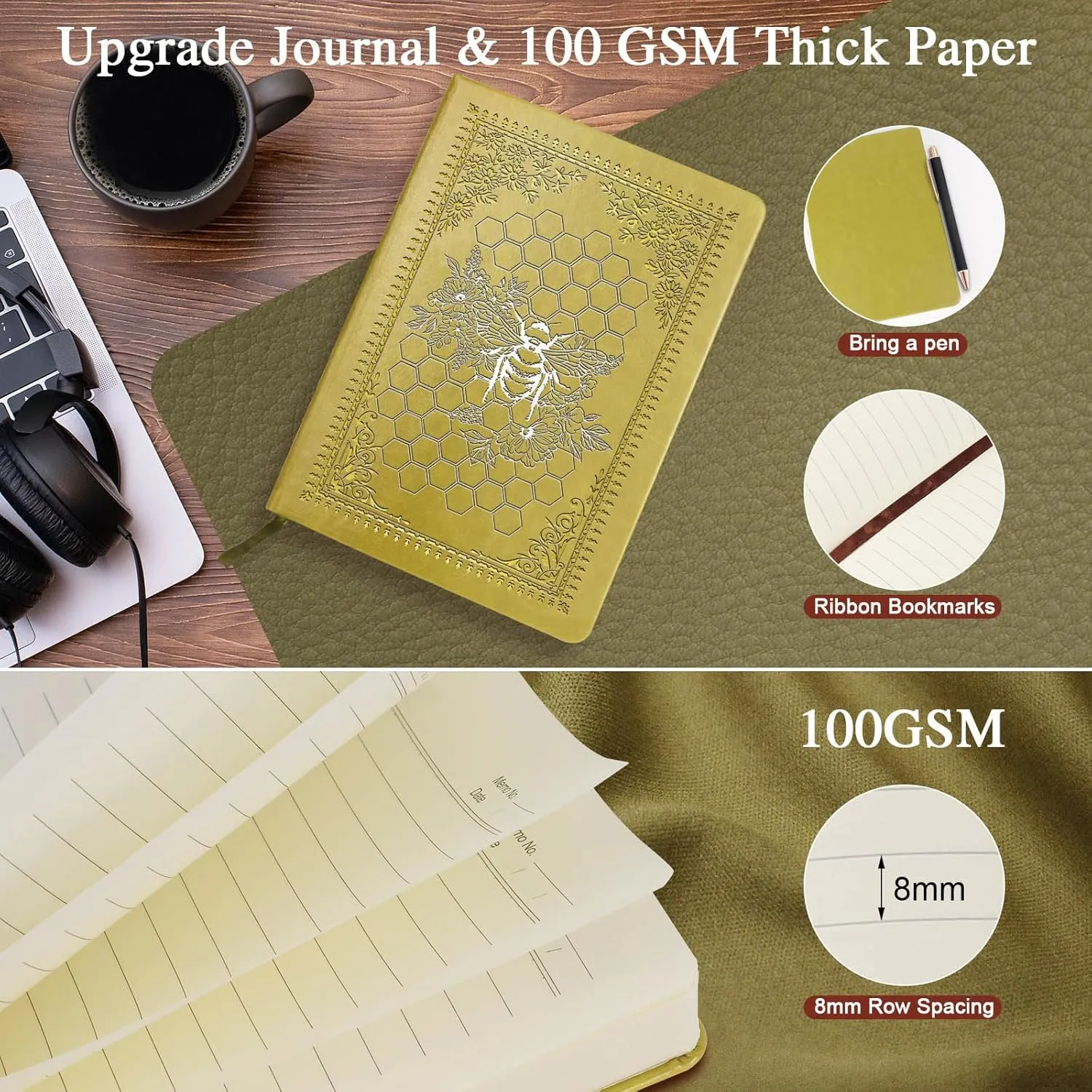 Bee Gifts Bee Faux Leather Vintage Journal Notebook Honey Bee Gifts,Hardcover Notebook for Women Men,Bee Lover Gifts,200 Pages 100 Gsm Journal Notebook with Pen,1 Pack Yellow A5 (Bee Yellow)