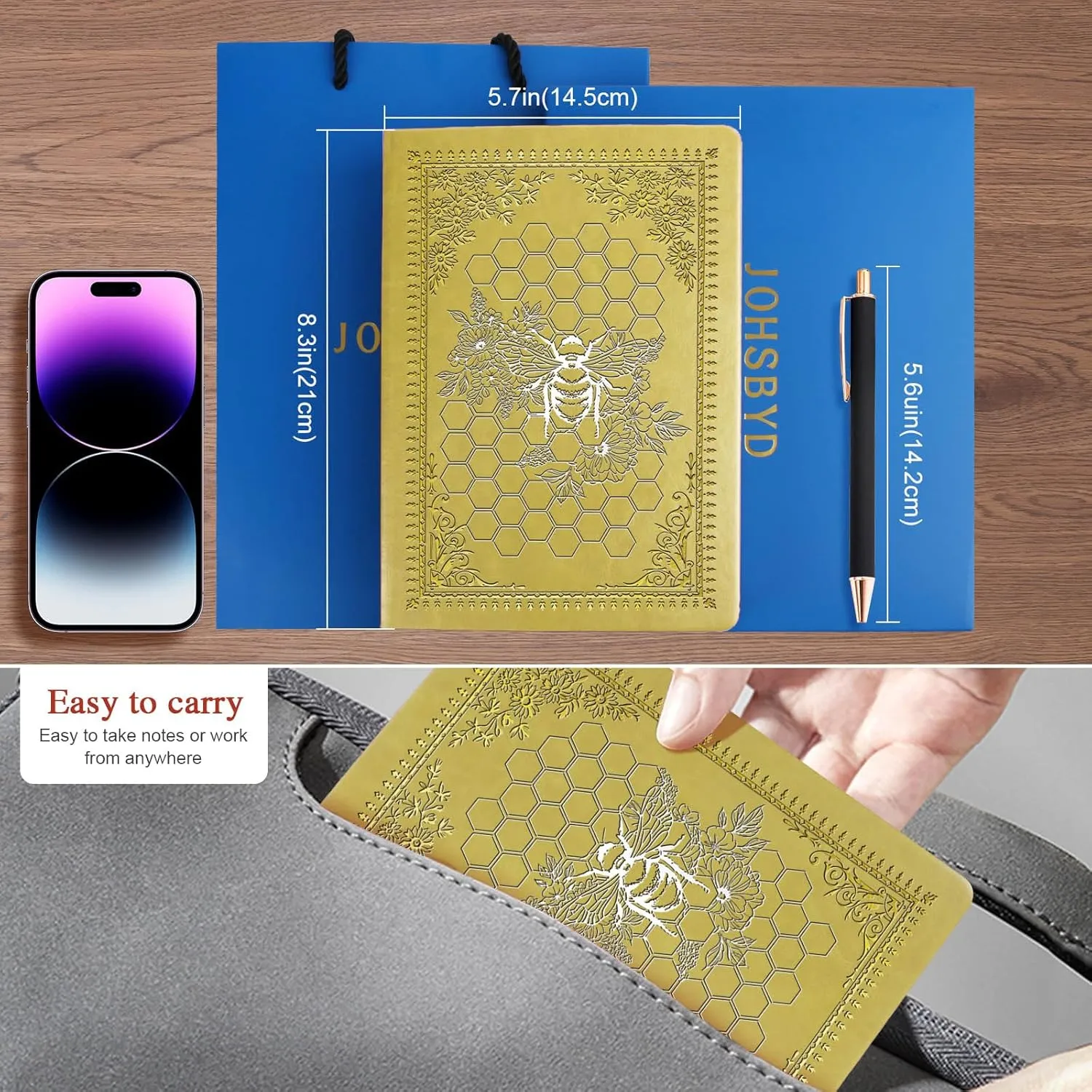 Bee Gifts Bee Faux Leather Vintage Journal Notebook Honey Bee Gifts,Hardcover Notebook for Women Men,Bee Lover Gifts,200 Pages 100 Gsm Journal Notebook with Pen,1 Pack Yellow A5 (Bee Yellow)