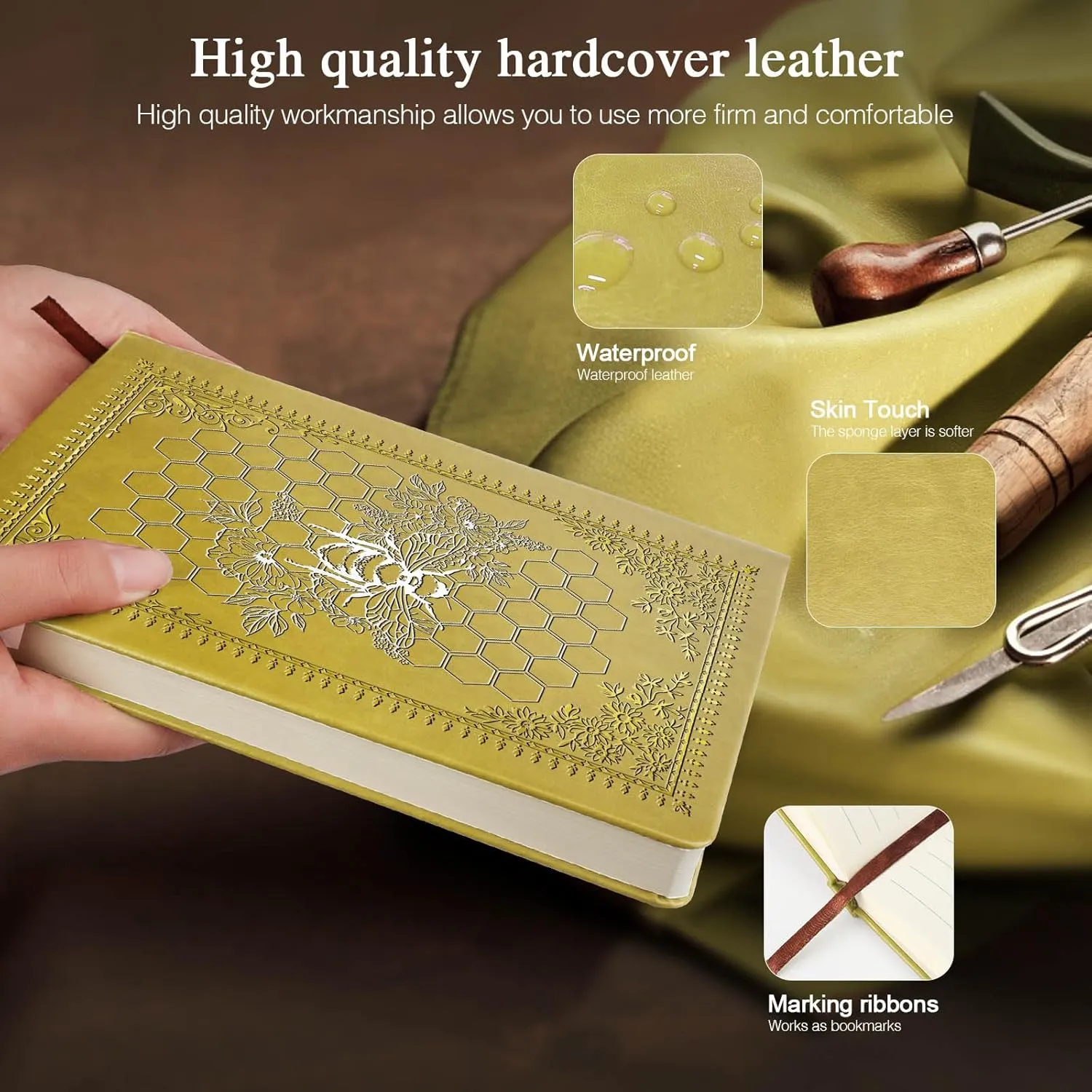 Bee Gifts Bee Faux Leather Vintage Journal Notebook Honey Bee Gifts,Hardcover Notebook for Women Men,Bee Lover Gifts,200 Pages 100 Gsm Journal Notebook with Pen,1 Pack Yellow A5 (Bee Yellow)