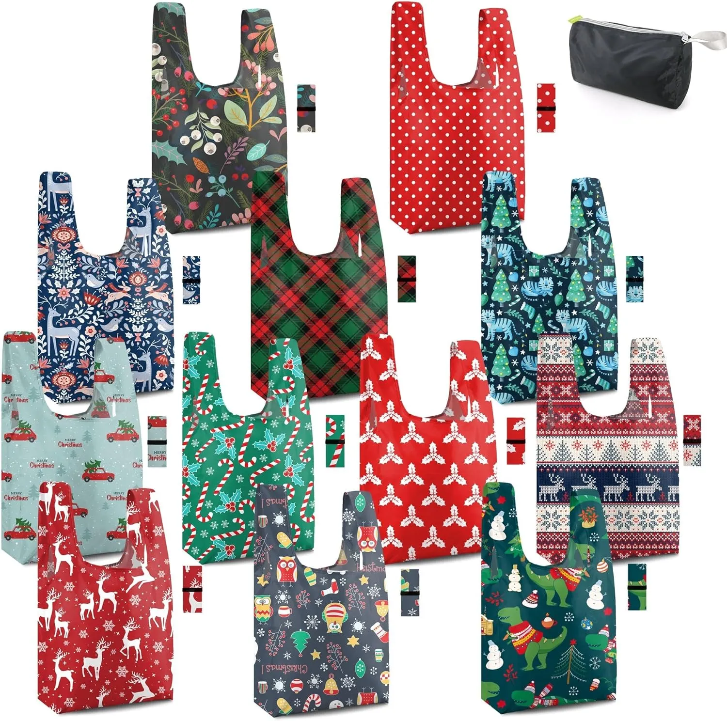BeeGreen 12 Pack Christmas Bags Reusable Grocery Bags Christmas Gift- 50 Lbs Foldable Polyester Totes With Elastic Band And Storage Pouch For Shopping, Kitchen, Parties Shopping Bag Tote Bags Bulk