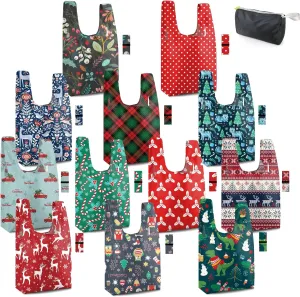 BeeGreen 12 Pack Christmas Bags Reusable Grocery Bags Christmas Gift- 50 Lbs Foldable Polyester Totes With Elastic Band And Storage Pouch For Shopping, Kitchen, Parties Shopping Bag Tote Bags Bulk
