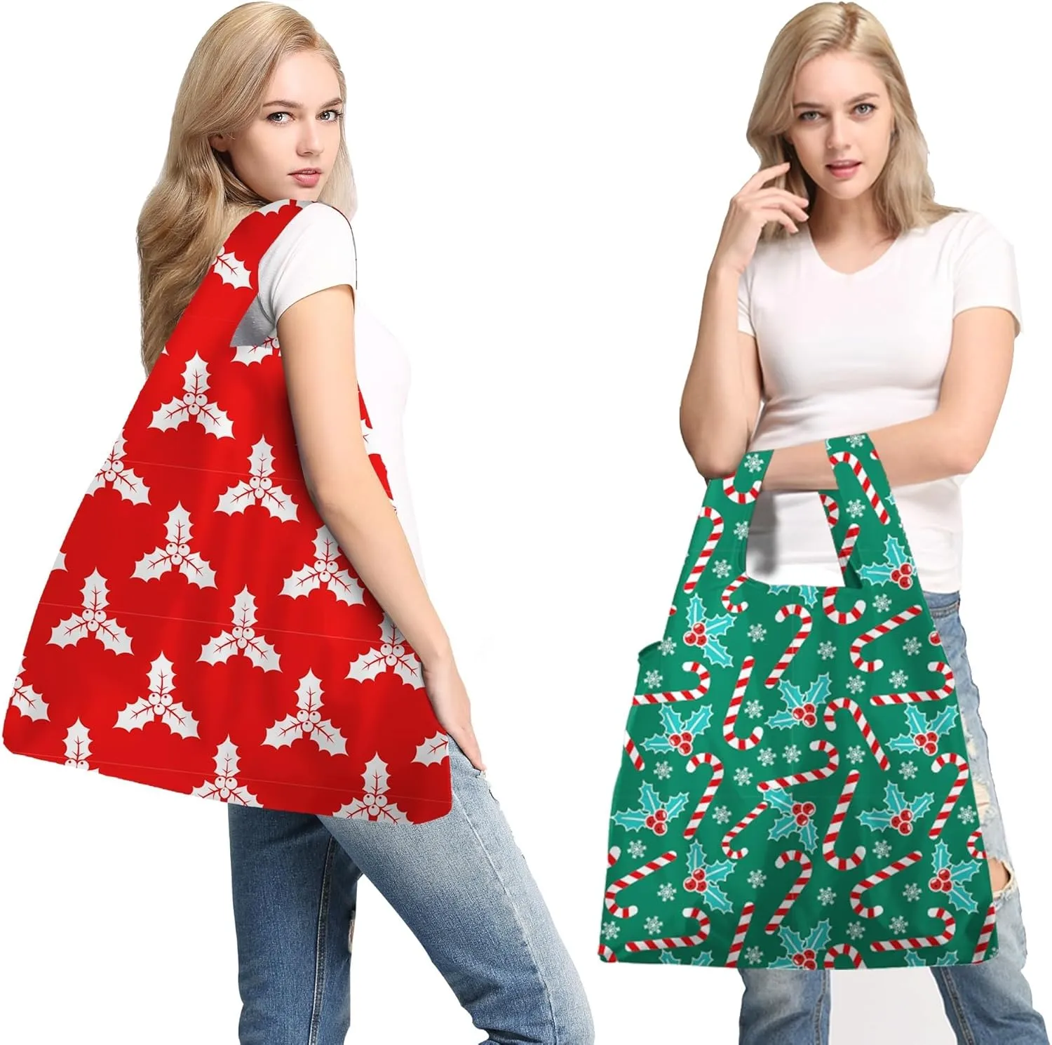 BeeGreen 12 Pack Christmas Bags Reusable Grocery Bags Christmas Gift- 50 Lbs Foldable Polyester Totes With Elastic Band And Storage Pouch For Shopping, Kitchen, Parties Shopping Bag Tote Bags Bulk