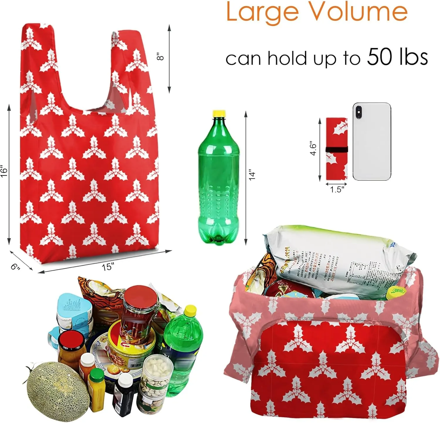 BeeGreen 12 Pack Christmas Bags Reusable Grocery Bags Christmas Gift- 50 Lbs Foldable Polyester Totes With Elastic Band And Storage Pouch For Shopping, Kitchen, Parties Shopping Bag Tote Bags Bulk