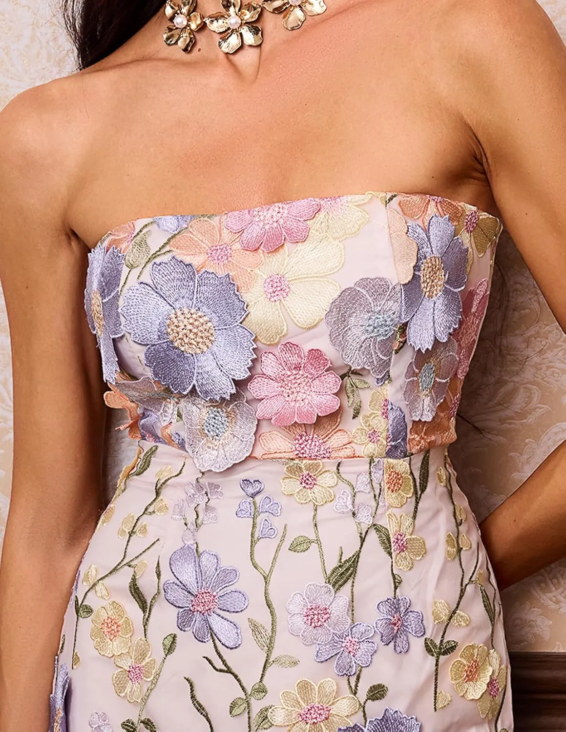 BELLA BARNETT 3D Flower Strapless Dress Embroidered Floral Dress