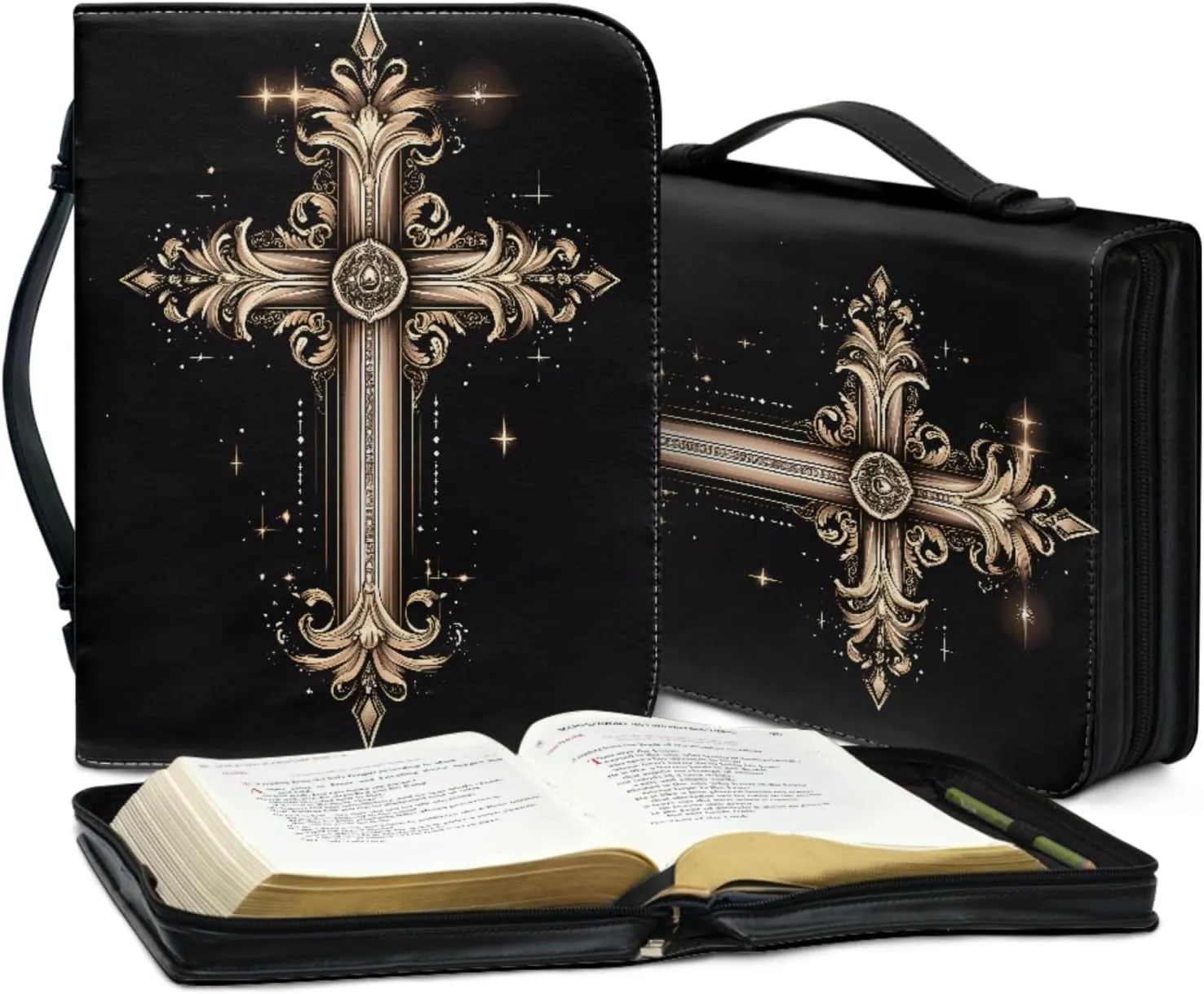 Bible Case - Large Cover for Men and Women, PU Leather Carrying Case With Cross Print