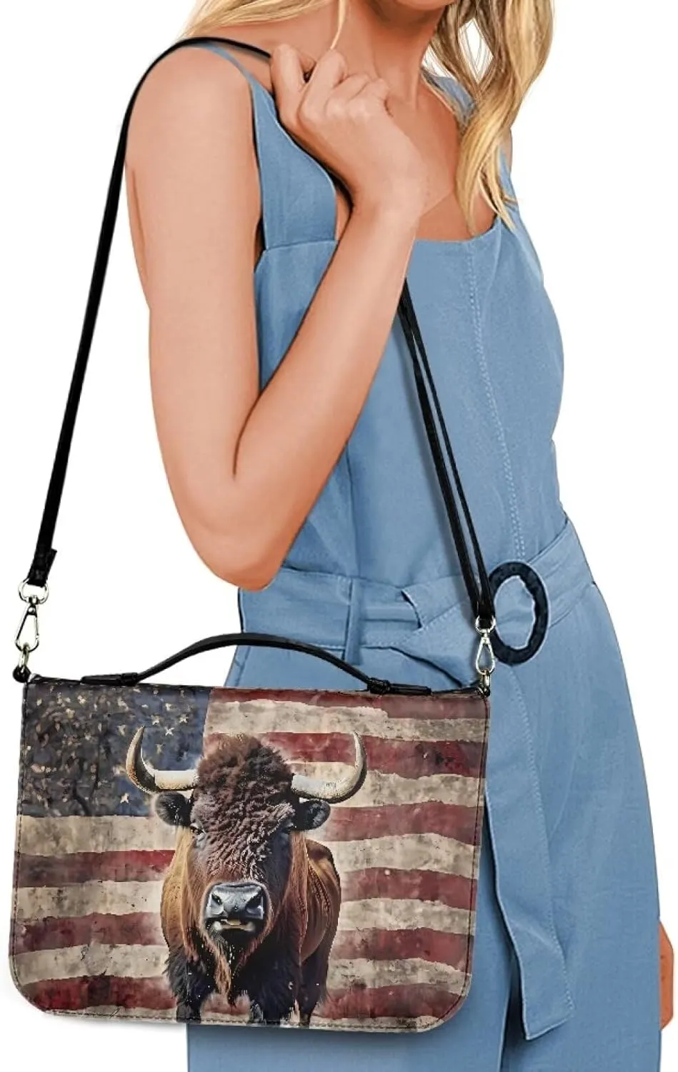 Bible Cover Case with Shoulder Strap for Women Men American Flag Bison Print Book Carrying Case Church Bible Bag Scripture Protector Book Organizer for Prayer Study, XL
