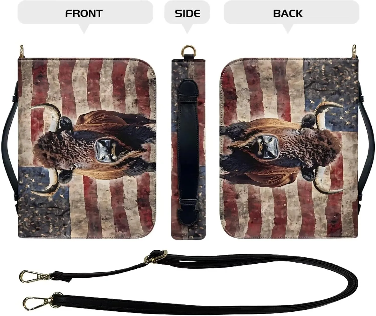 Bible Cover Case with Shoulder Strap for Women Men American Flag Bison Print Book Carrying Case Church Bible Bag Scripture Protector Book Organizer for Prayer Study, XL
