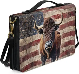 Bible Cover Case with Shoulder Strap for Women Men American Flag Bison Print Book Carrying Case Church Bible Bag Scripture Protector Book Organizer for Prayer Study, XL