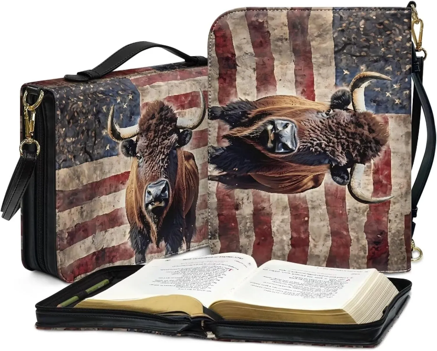 Bible Cover Case with Shoulder Strap for Women Men American Flag Bison Print Book Carrying Case Church Bible Bag Scripture Protector Book Organizer for Prayer Study, XL