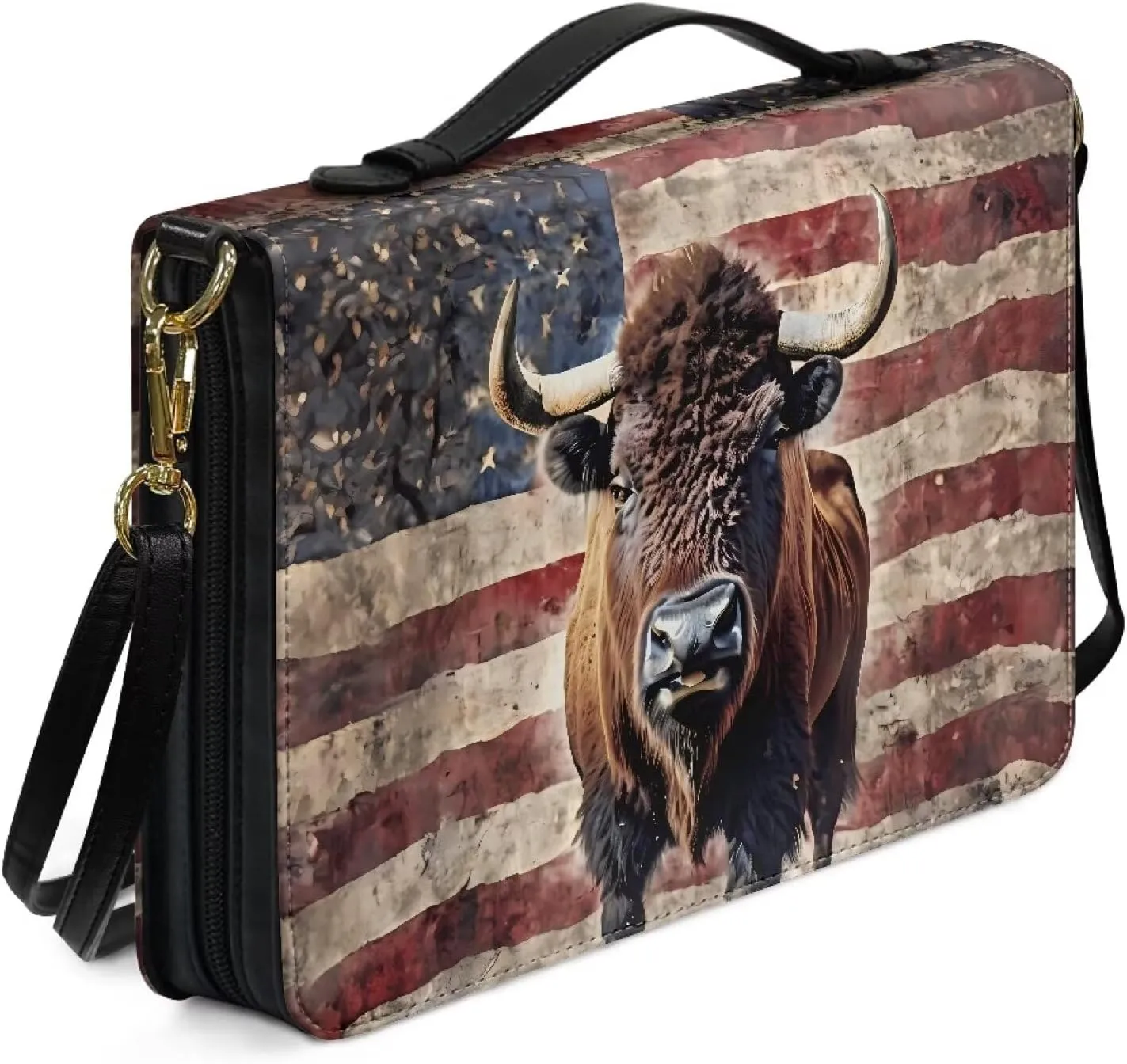 Bible Cover Case with Shoulder Strap for Women Men American Flag Bison Print Book Carrying Case Church Bible Bag Scripture Protector Book Organizer for Prayer Study, XL