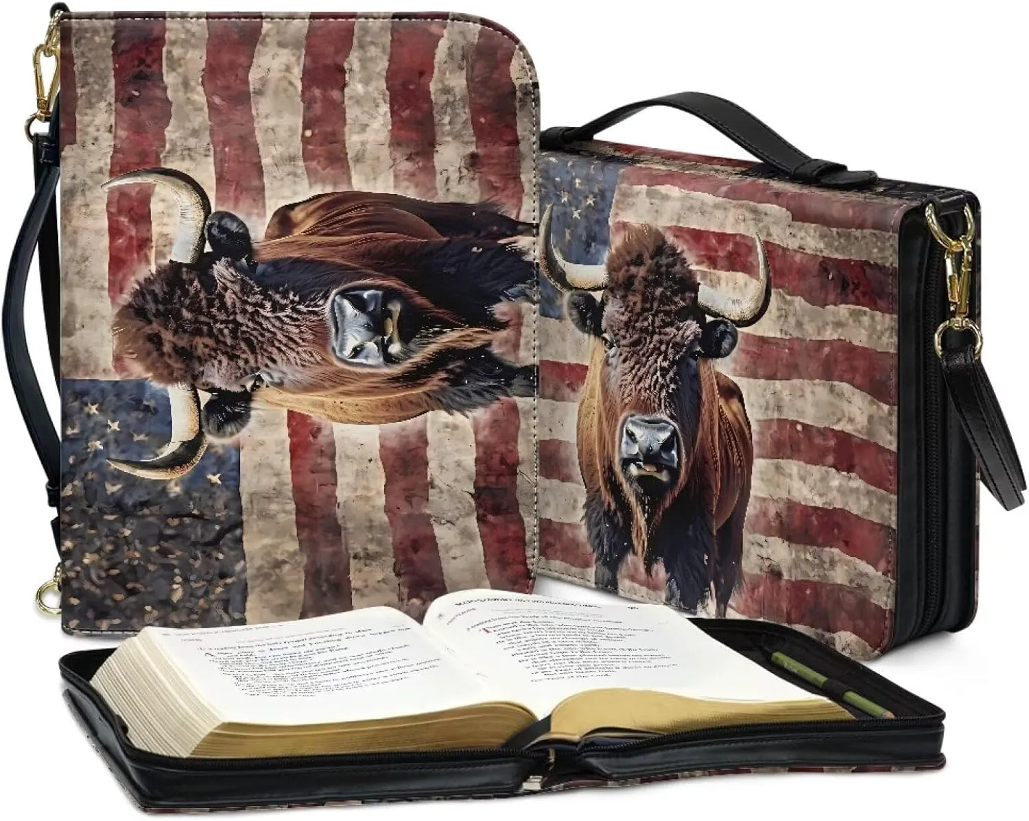 Bible Cover Case with Shoulder Strap for Women Men American Flag Bison Print Book Carrying Case Church Bible Bag Scripture Protector Book Organizer for Prayer Study, XL