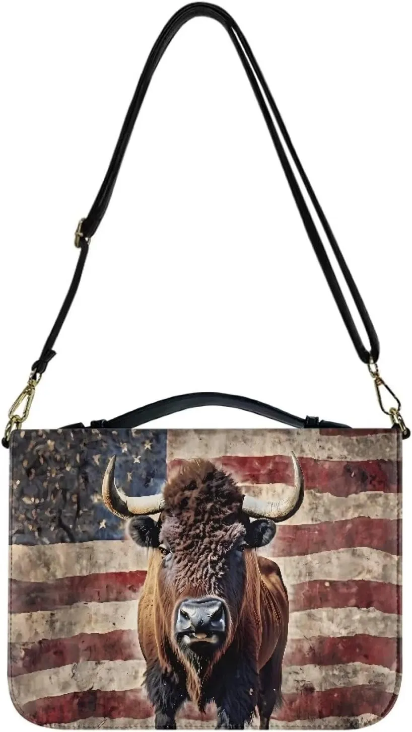 Bible Cover Case with Shoulder Strap for Women Men American Flag Bison Print Book Carrying Case Church Bible Bag Scripture Protector Book Organizer for Prayer Study, XL