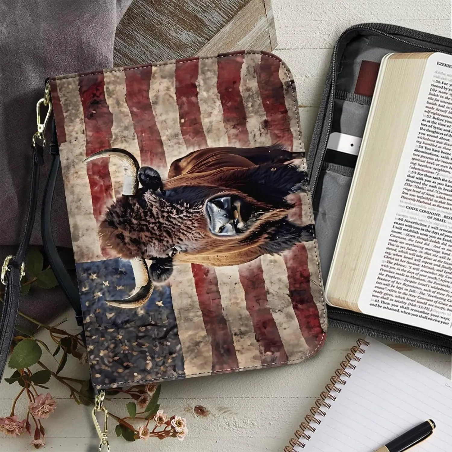 Bible Cover Case with Shoulder Strap for Women Men American Flag Bison Print Book Carrying Case Church Bible Bag Scripture Protector Book Organizer for Prayer Study, XL
