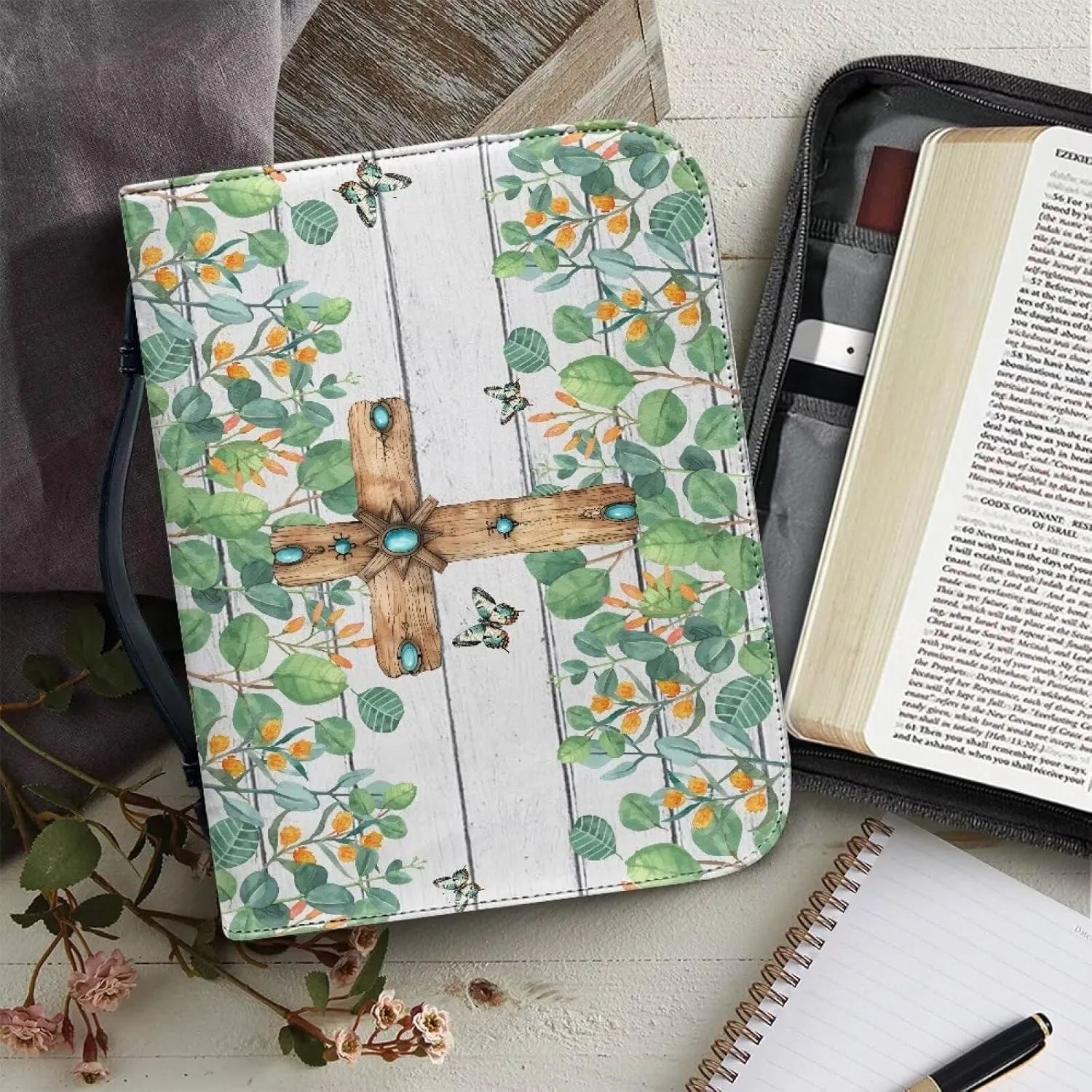 Bible Covers for Girls, Butterfly Cross Large Church Bag Religious Accessories Lightweight Bible Organizer with Pen Slot Portable Bible Pouch Bag for Church Study Room