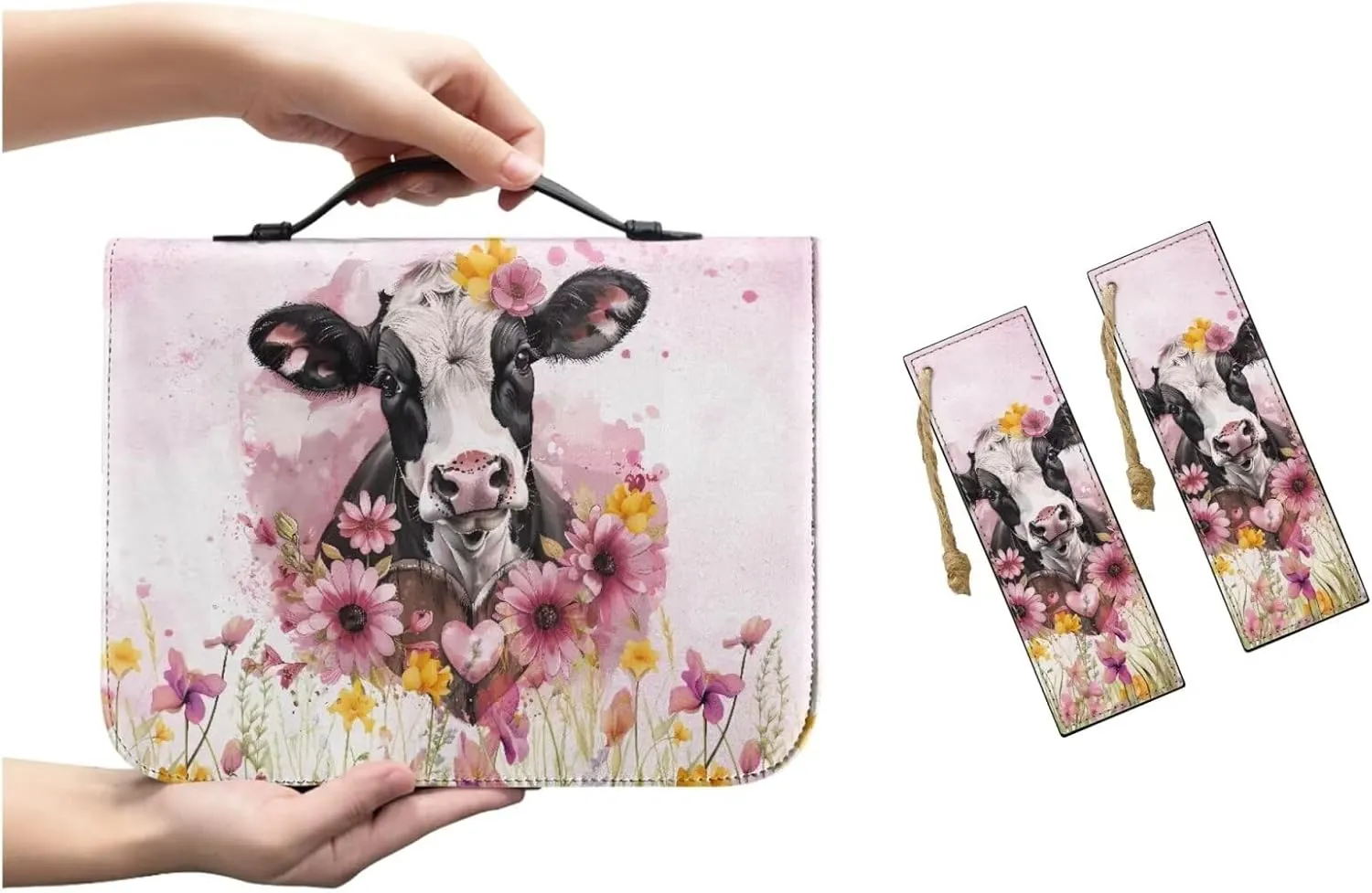 Bible Covers with Bookmark Bible Carrying Case Pink Flower Cow Bible Holder Bag PU Leather Bible Cover with Handle Large Capacity Scripture Handbag for Pray Outddor