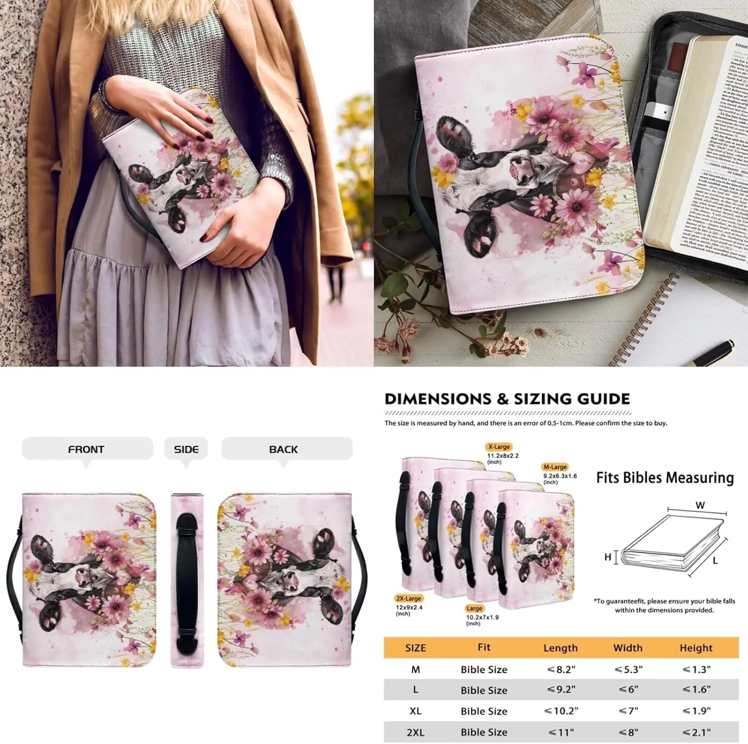 Bible Covers with Bookmark Bible Carrying Case Pink Flower Cow Bible Holder Bag PU Leather Bible Cover with Handle Large Capacity Scripture Handbag for Pray Outddor