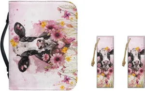 Bible Covers with Bookmark Bible Carrying Case Pink Flower Cow Bible Holder Bag PU Leather Bible Cover with Handle Large Capacity Scripture Handbag for Pray Outddor