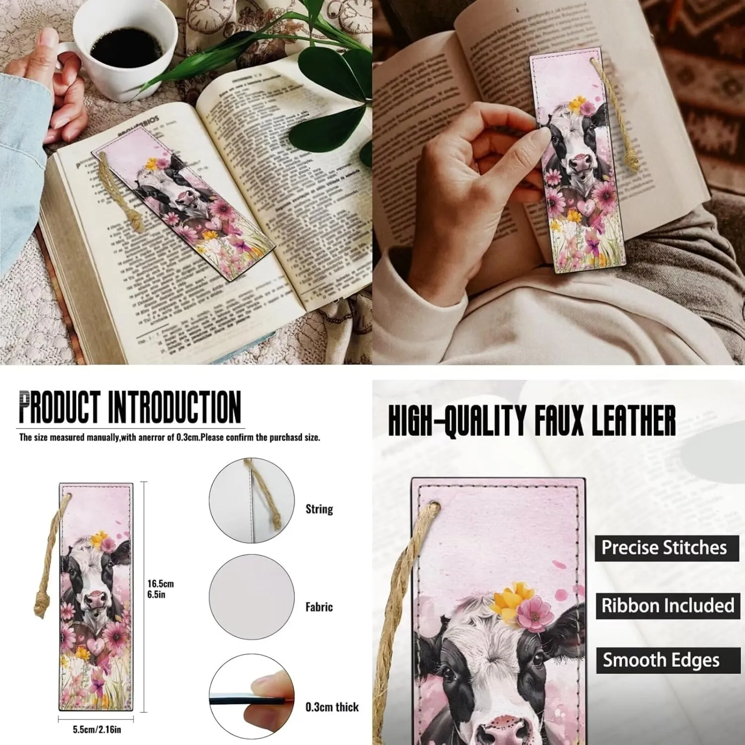 Bible Covers with Bookmark Bible Carrying Case Pink Flower Cow Bible Holder Bag PU Leather Bible Cover with Handle Large Capacity Scripture Handbag for Pray Outddor