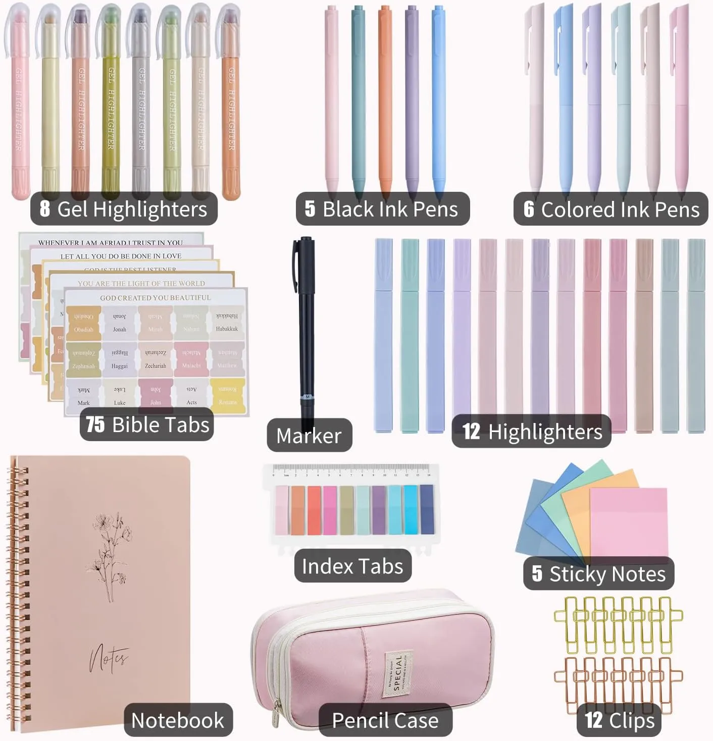 Bible Study Supplies, Bible Journaling Kit for Women with Journal, Pen Case, Tabs, Highlighters and Pens, Bible Accessories Set for Women Students Beginner, Christian Gifts (Pink)