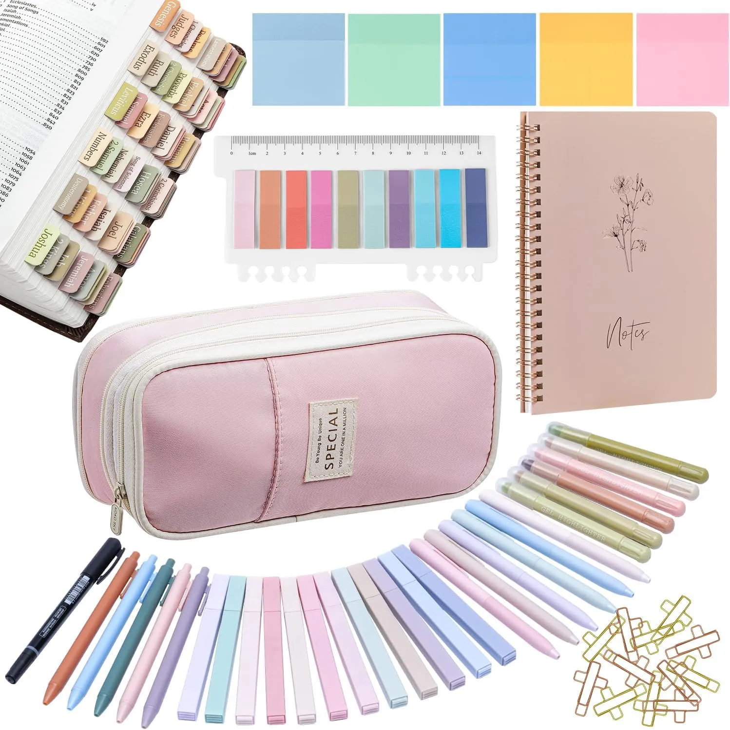 Bible Study Supplies, Bible Journaling Kit for Women with Journal, Pen Case, Tabs, Highlighters and Pens, Bible Accessories Set for Women Students Beginner, Christian Gifts (Pink)