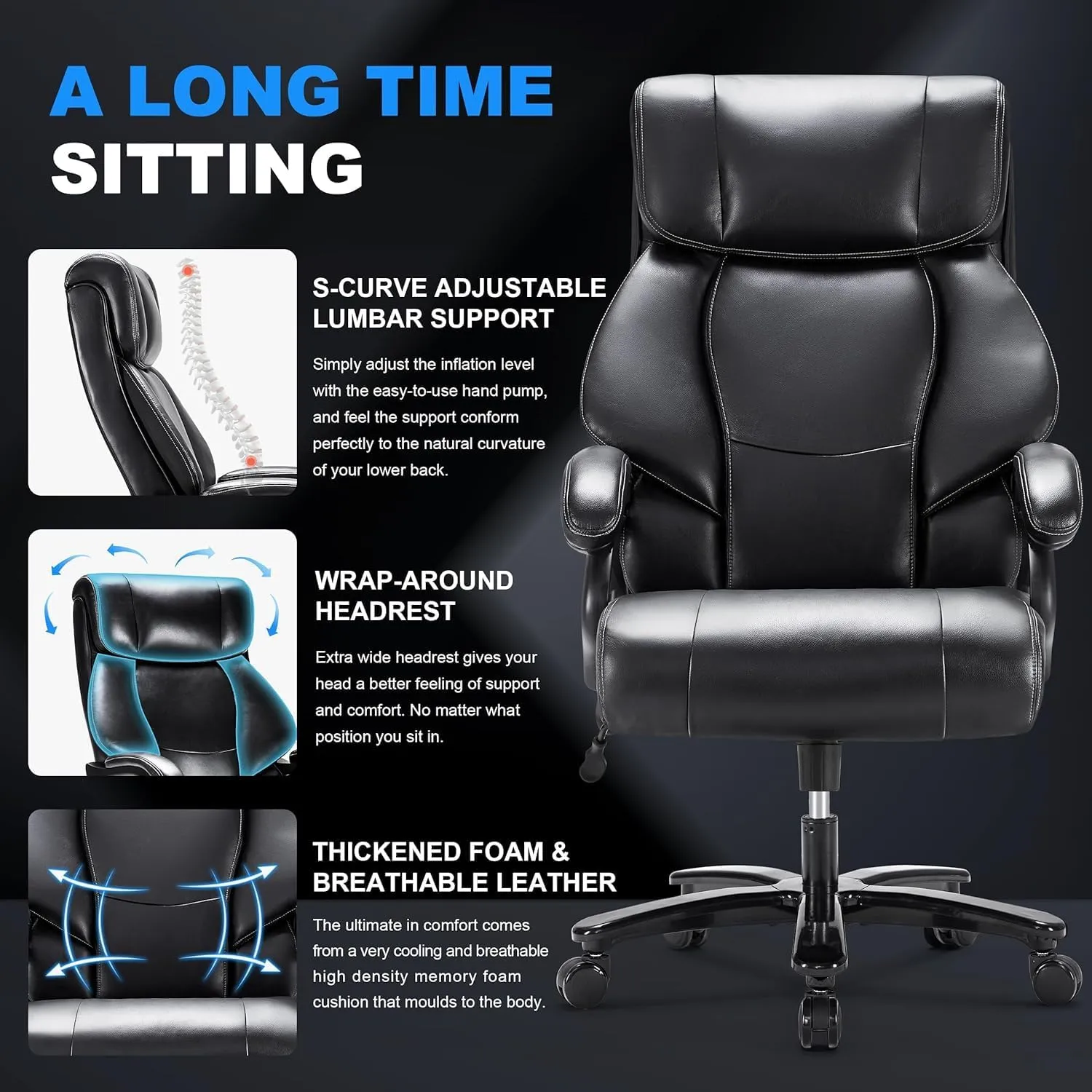 Big and Tall Office Chair 500LBS for Back Pain Relief, Executive Heavy Duty Office Chair for Heavy People, Ergonomic Office Chairs for Long Hours Sitting, Breathable Leather, Dark Black