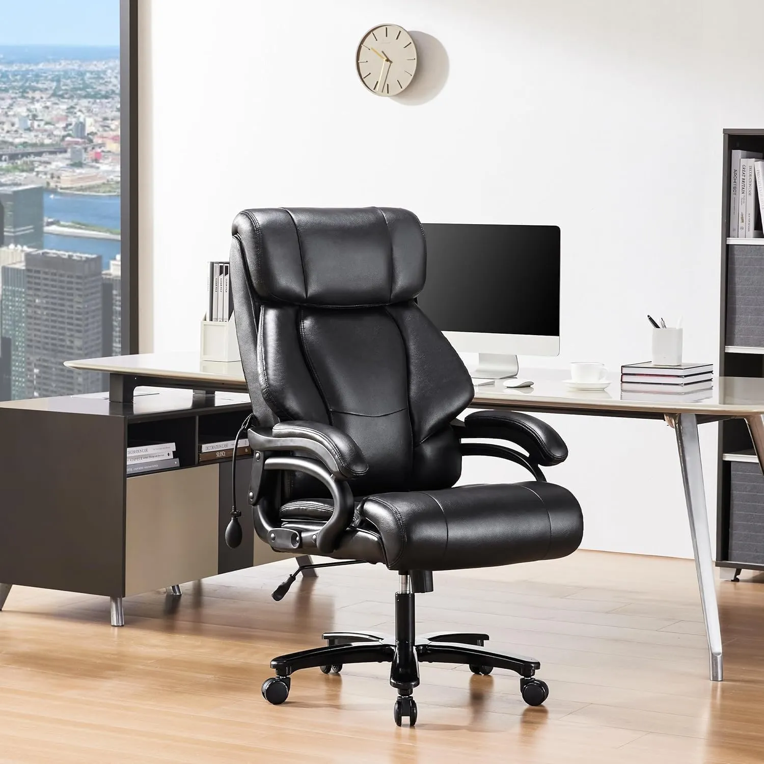 Big and Tall Office Chair 500LBS for Back Pain Relief, Executive Heavy Duty Office Chair for Heavy People, Ergonomic Office Chairs for Long Hours Sitting, Breathable Leather, Dark Black
