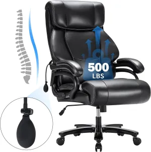 Big and Tall Office Chair 500LBS for Back Pain Relief, Executive Heavy Duty Office Chair for Heavy People, Ergonomic Office Chairs for Long Hours Sitting, Breathable Leather, Dark Black