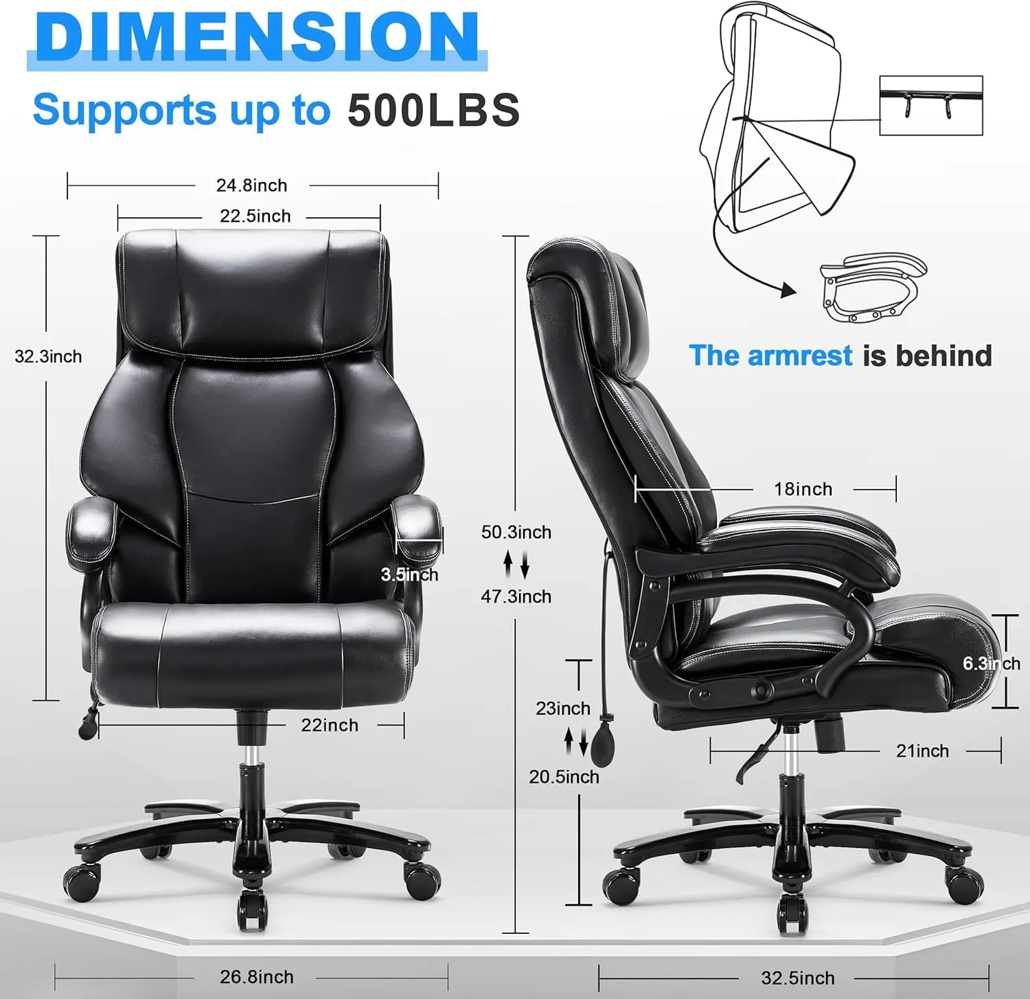 Big and Tall Office Chair 500LBS for Back Pain Relief, Executive Heavy Duty Office Chair for Heavy People, Ergonomic Office Chairs for Long Hours Sitting, Breathable Leather, Dark Black