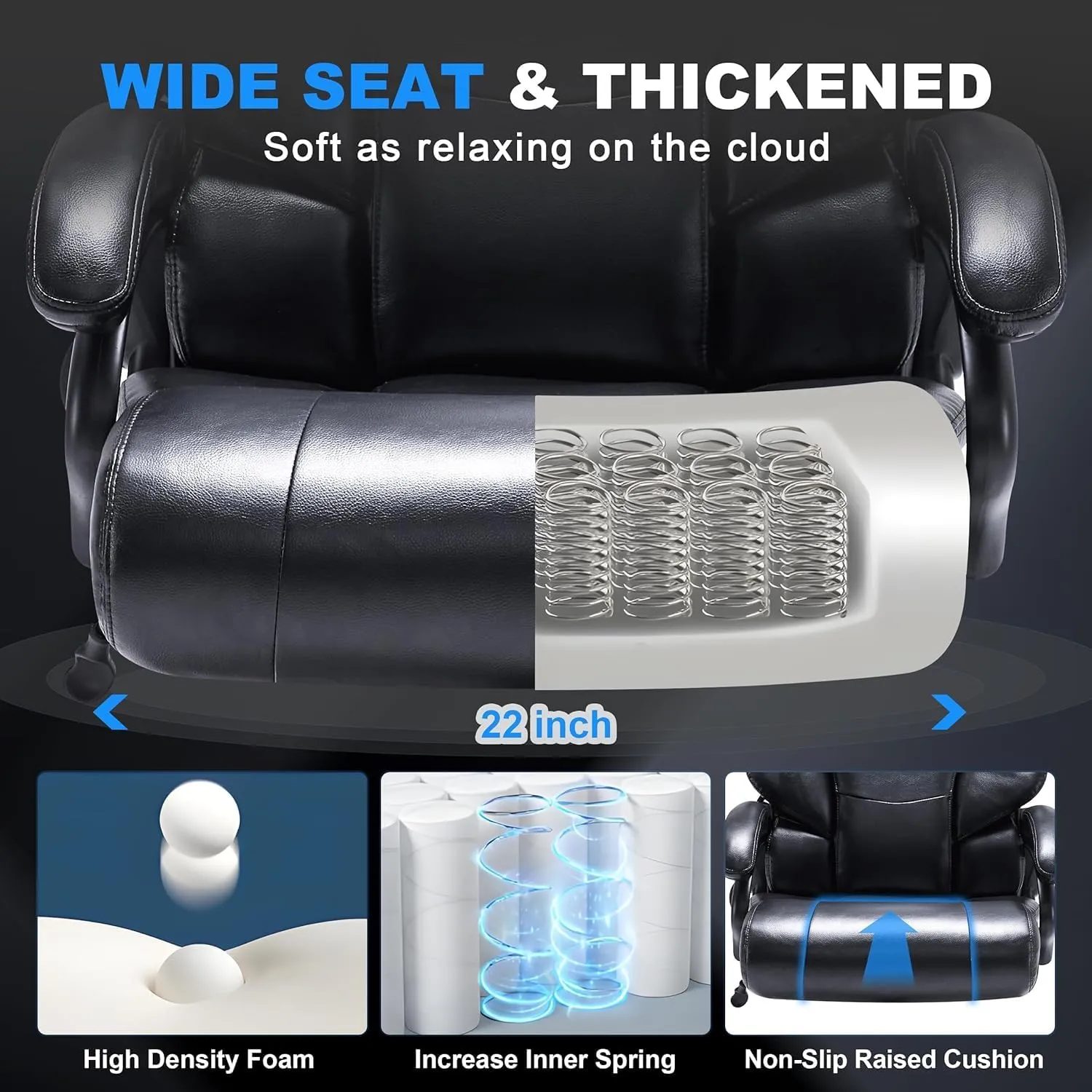 Big and Tall Office Chair 500LBS for Back Pain Relief, Executive Heavy Duty Office Chair for Heavy People, Ergonomic Office Chairs for Long Hours Sitting, Breathable Leather, Dark Black