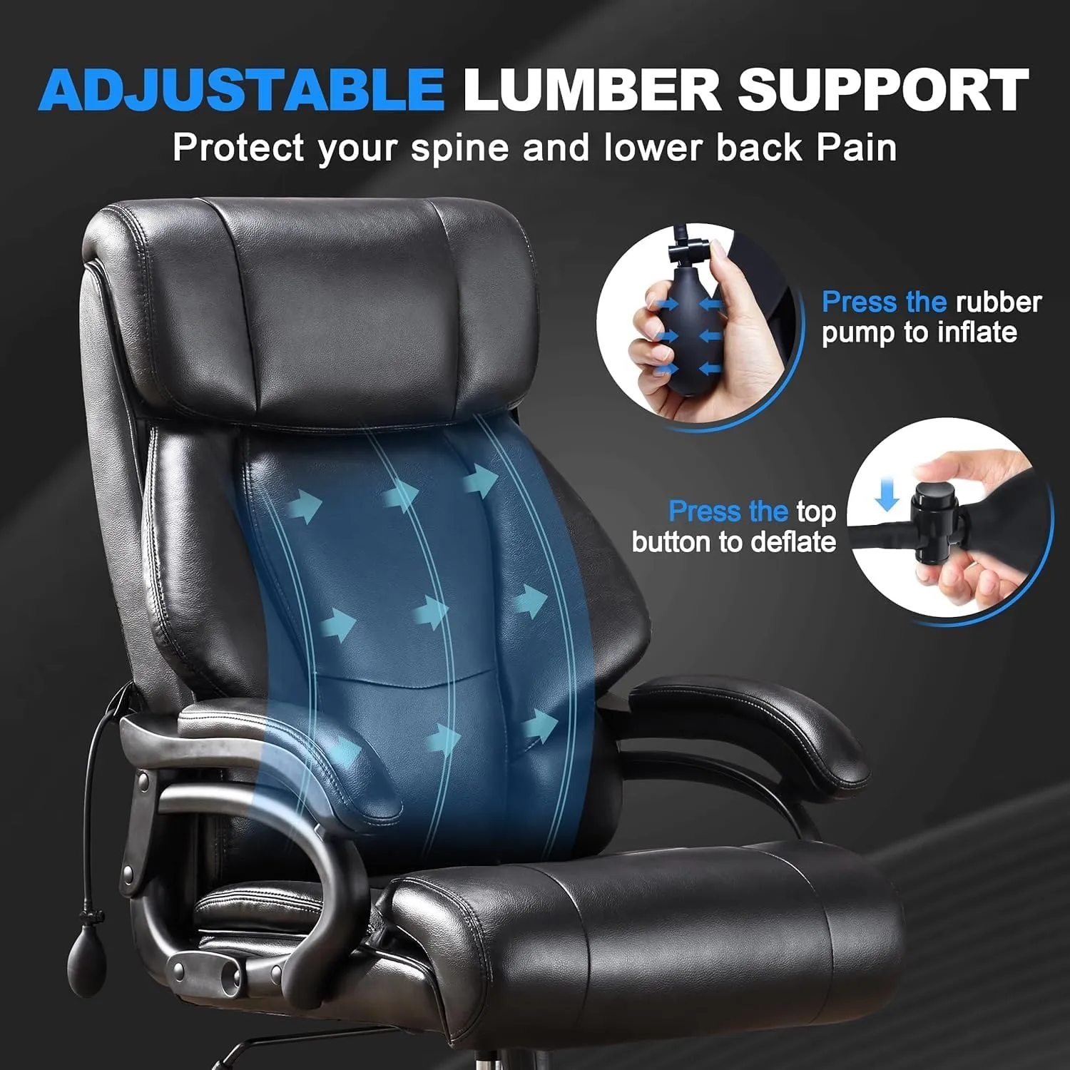 Big and Tall Office Chair 500LBS for Back Pain Relief, Executive Heavy Duty Office Chair for Heavy People, Ergonomic Office Chairs for Long Hours Sitting, Breathable Leather, Dark Black
