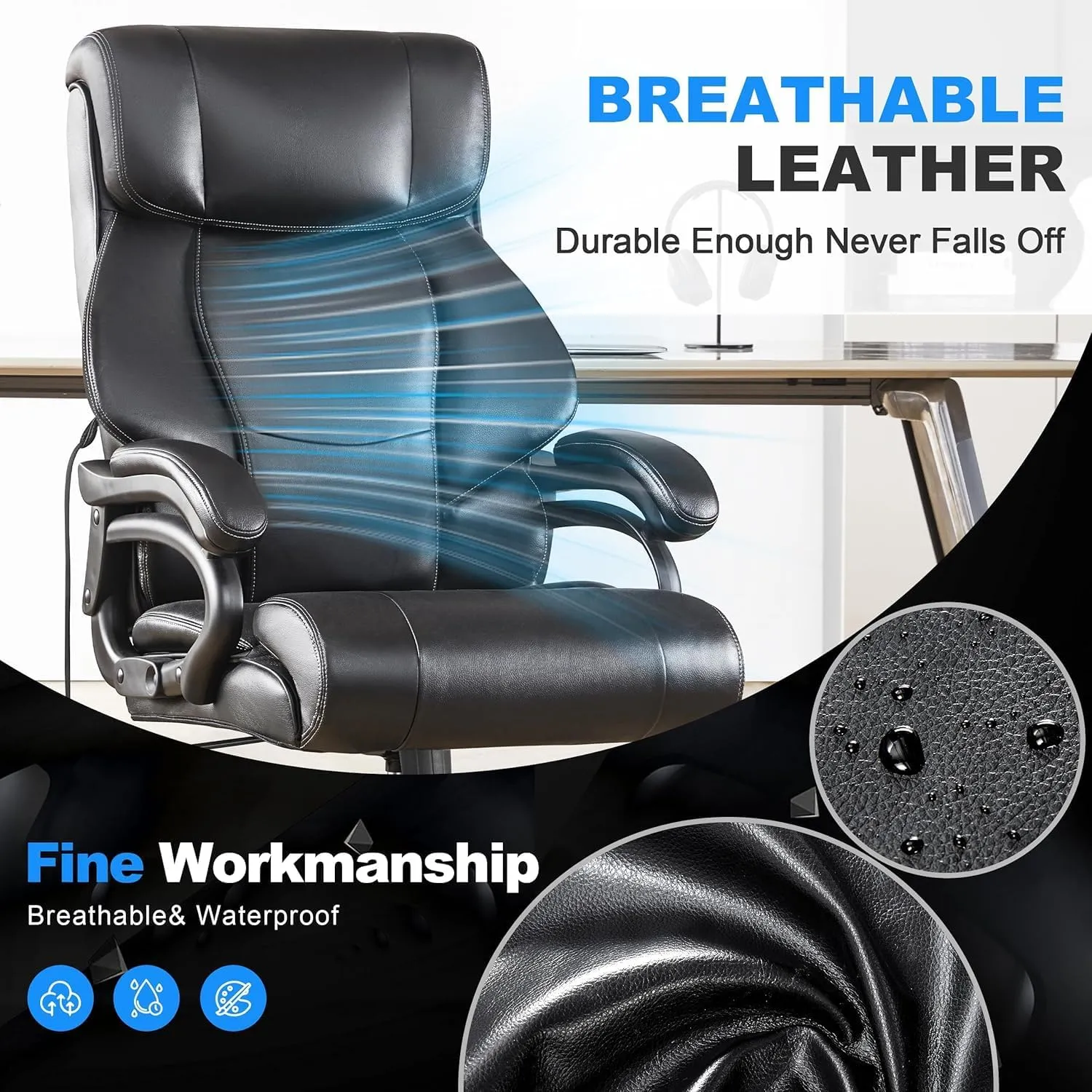 Big and Tall Office Chair 500LBS for Back Pain Relief, Executive Heavy Duty Office Chair for Heavy People, Ergonomic Office Chairs for Long Hours Sitting, Breathable Leather, Dark Black