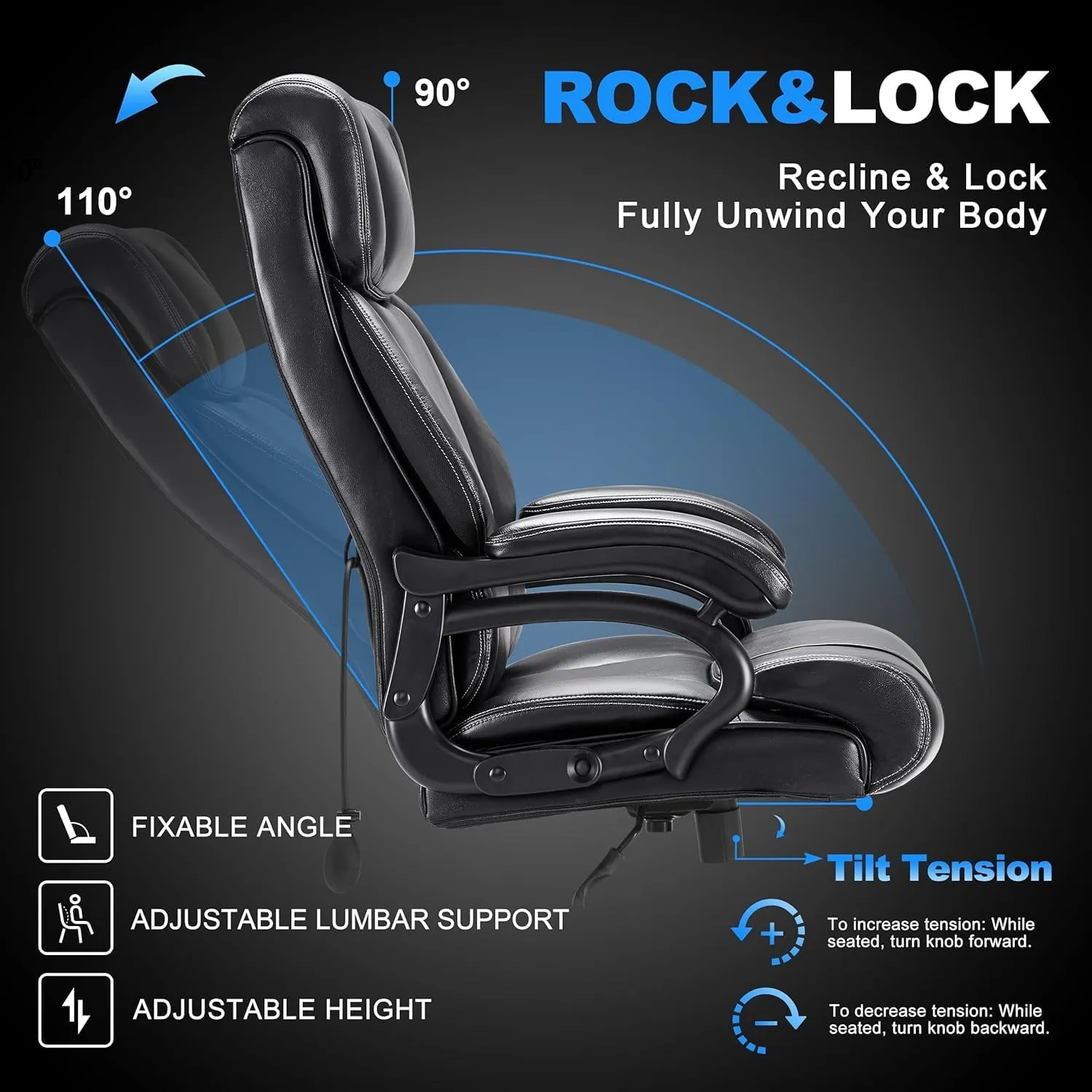 Big and Tall Office Chair 500LBS for Back Pain Relief, Executive Heavy Duty Office Chair for Heavy People, Ergonomic Office Chairs for Long Hours Sitting, Breathable Leather, Dark Black