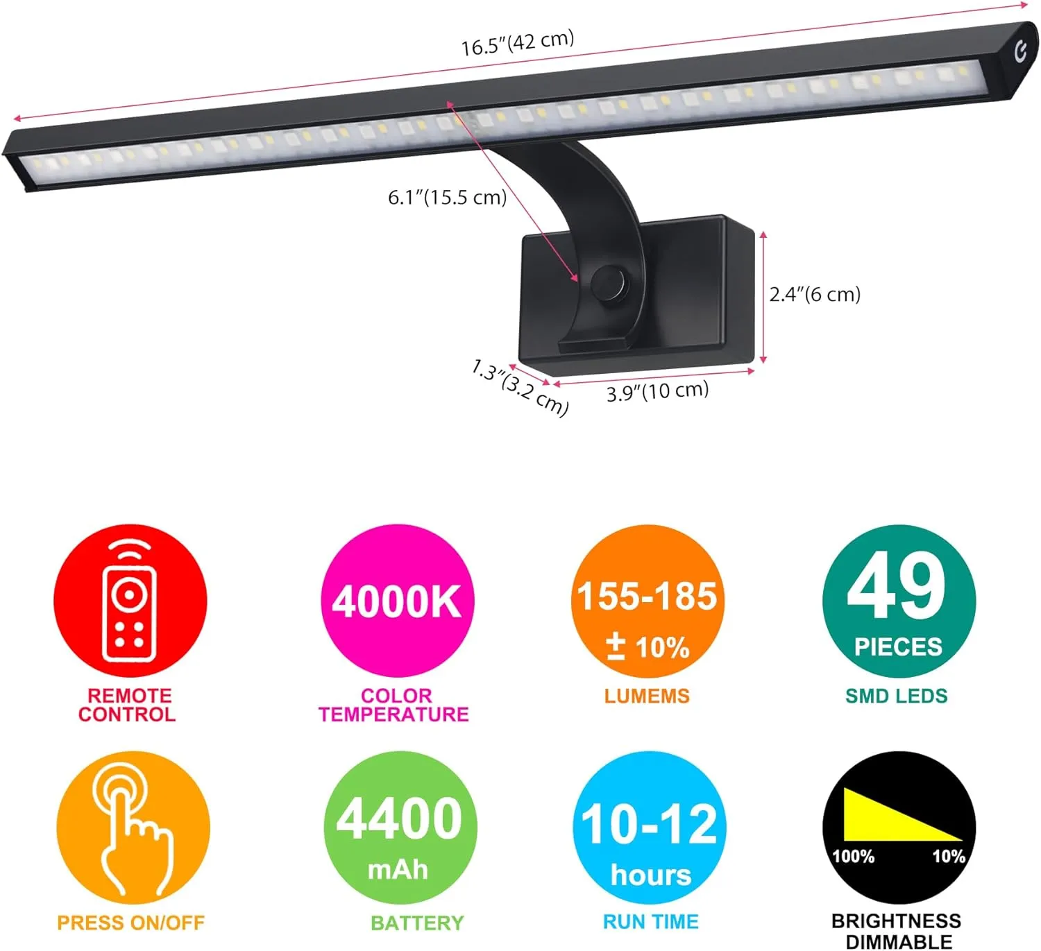 BIGMONAT 16inch Wireless LED Picture Light with Remote, USB Rechargeable Battery Operated Painting Light, Color Changing Art Display for Wall with Timer,Dimmable Art Light for Paintings,Frame,Portrait