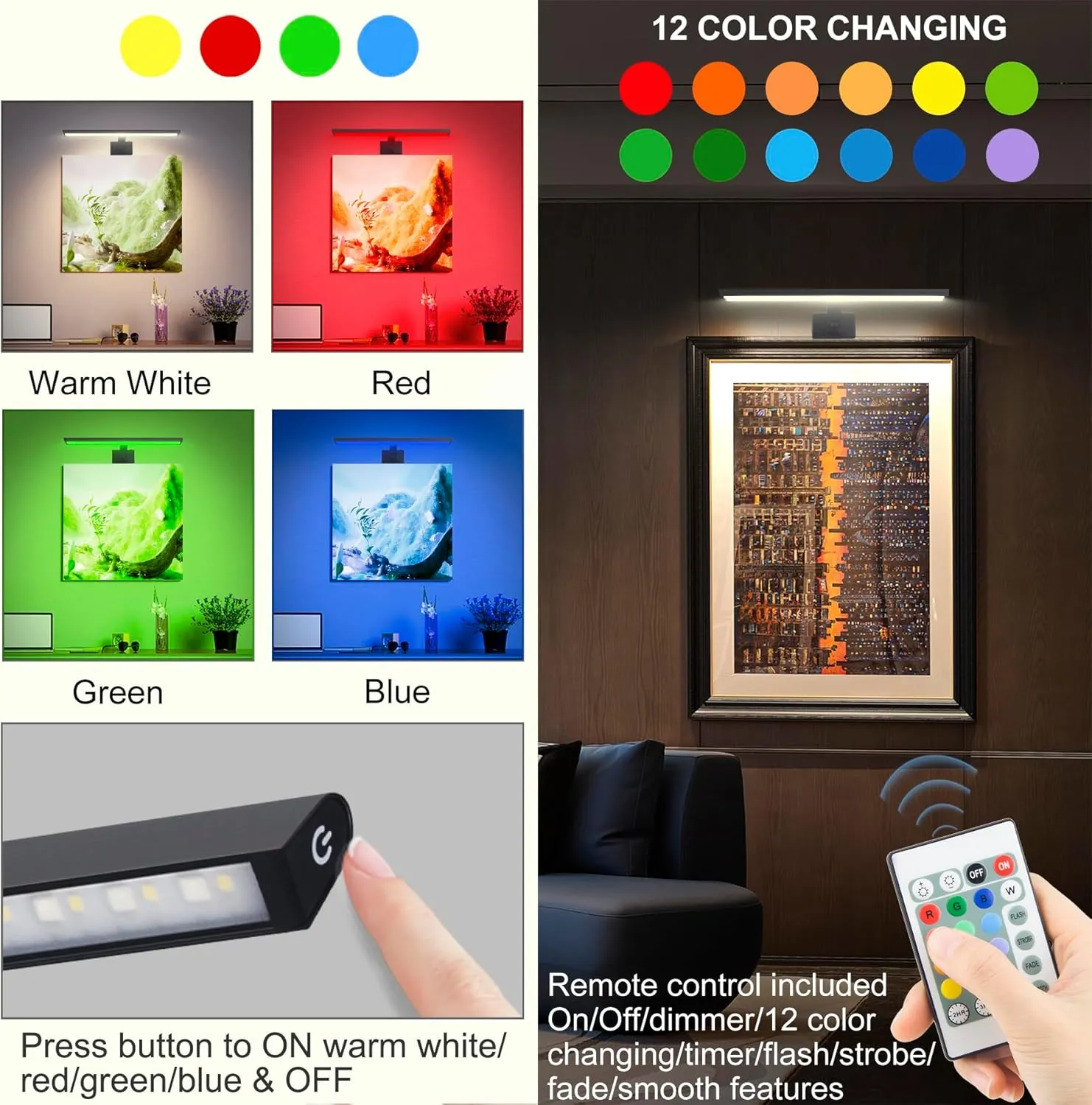 BIGMONAT 16inch Wireless LED Picture Light with Remote, USB Rechargeable Battery Operated Painting Light, Color Changing Art Display for Wall with Timer,Dimmable Art Light for Paintings,Frame,Portrait