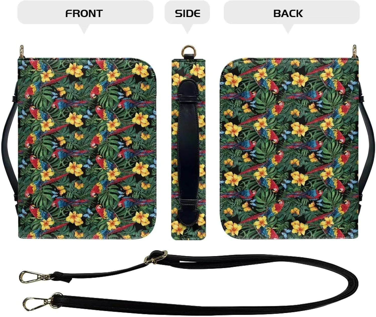 Bird Bible Book Cover for Women Leather, Floral Bible Carrying Case with Shoulder Strap, Monstera Bible Tote Bag for Study, Bible Accessories with Pen Storage, Green, L