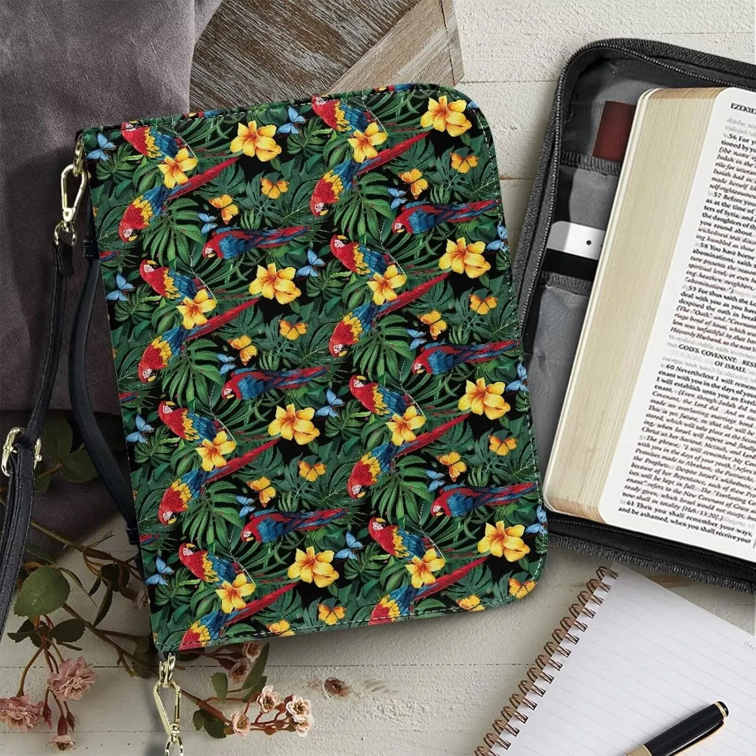 Bird Bible Book Cover for Women Leather, Floral Bible Carrying Case with Shoulder Strap, Monstera Bible Tote Bag for Study, Bible Accessories with Pen Storage, Green, L