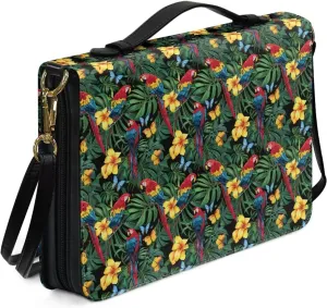 Bird Bible Book Cover for Women Leather, Floral Bible Carrying Case with Shoulder Strap, Monstera Bible Tote Bag for Study, Bible Accessories with Pen Storage, Green, L