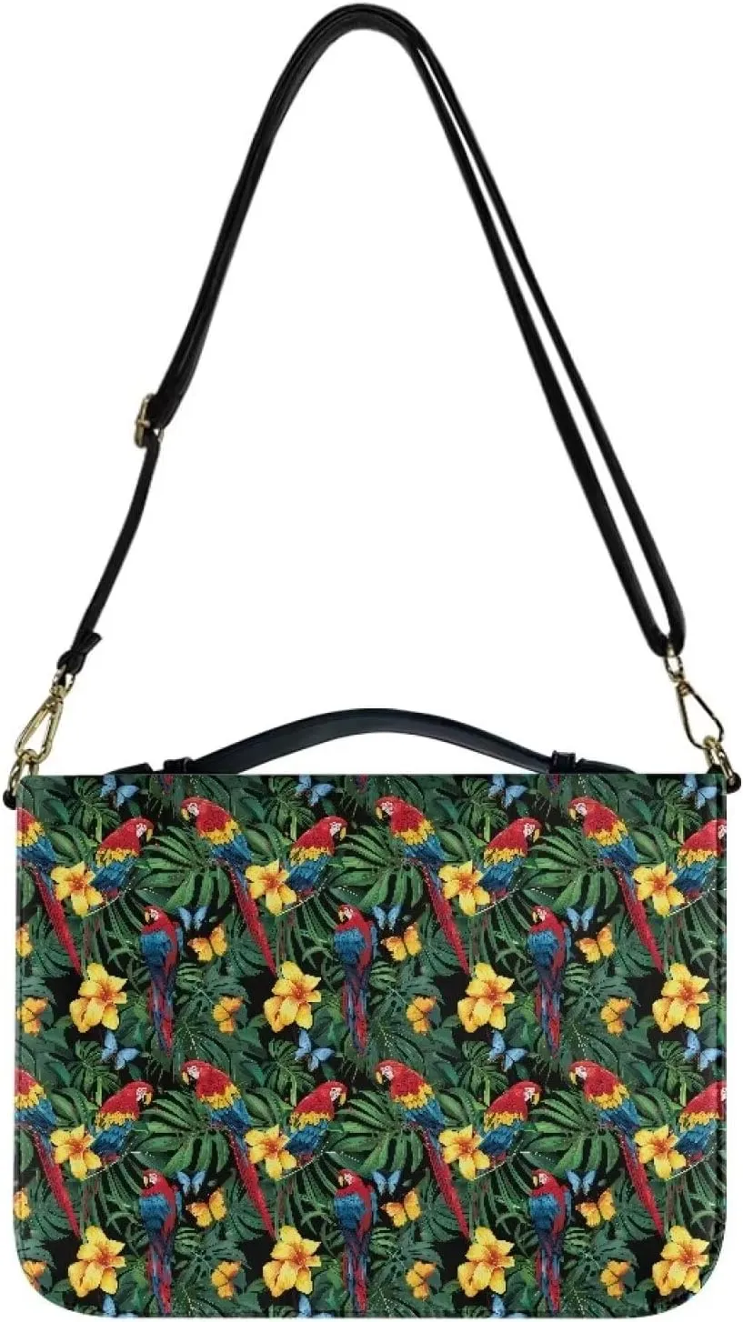 Bird Bible Book Cover for Women Leather, Floral Bible Carrying Case with Shoulder Strap, Monstera Bible Tote Bag for Study, Bible Accessories with Pen Storage, Green, L
