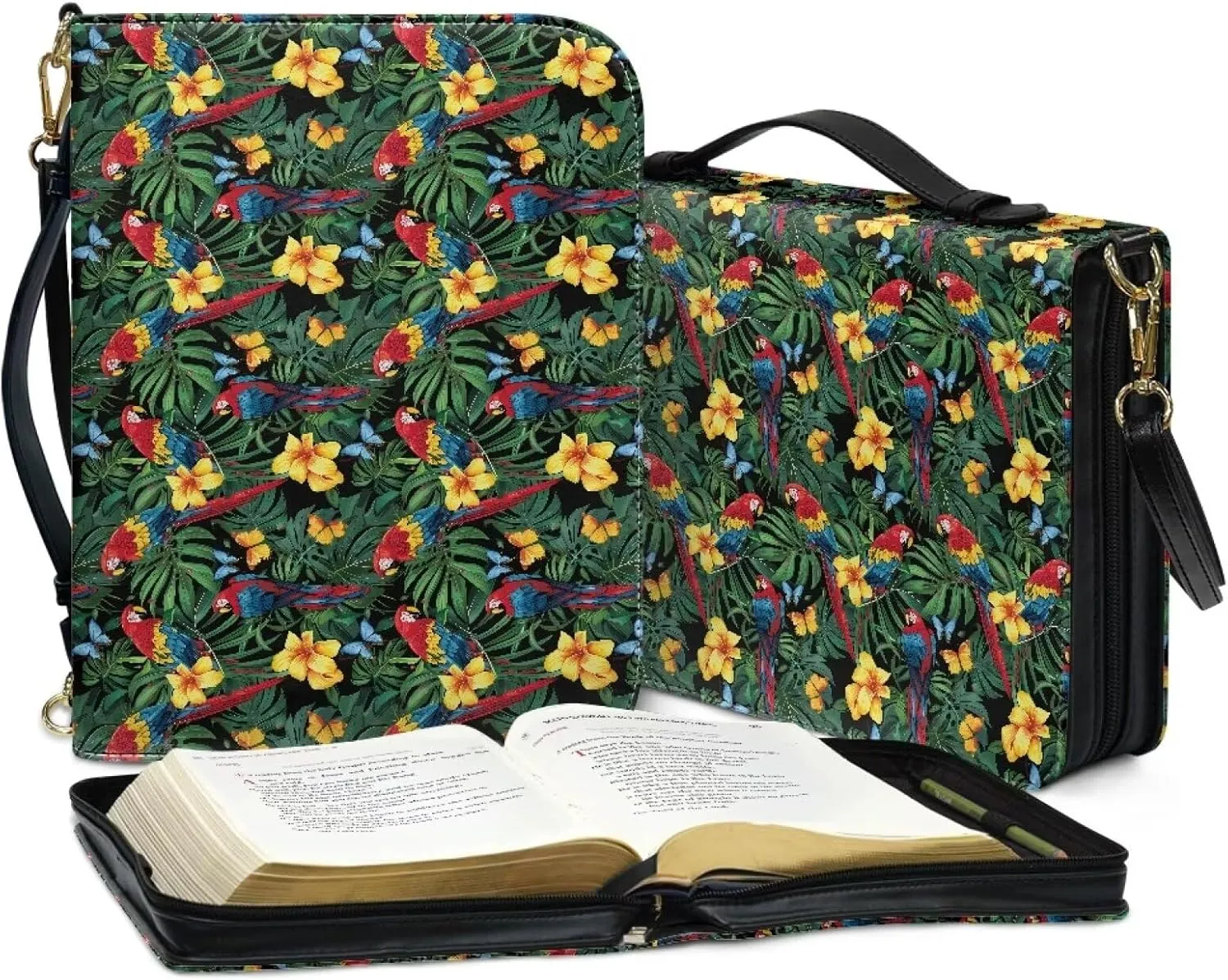 Bird Bible Book Cover for Women Leather, Floral Bible Carrying Case with Shoulder Strap, Monstera Bible Tote Bag for Study, Bible Accessories with Pen Storage, Green, L